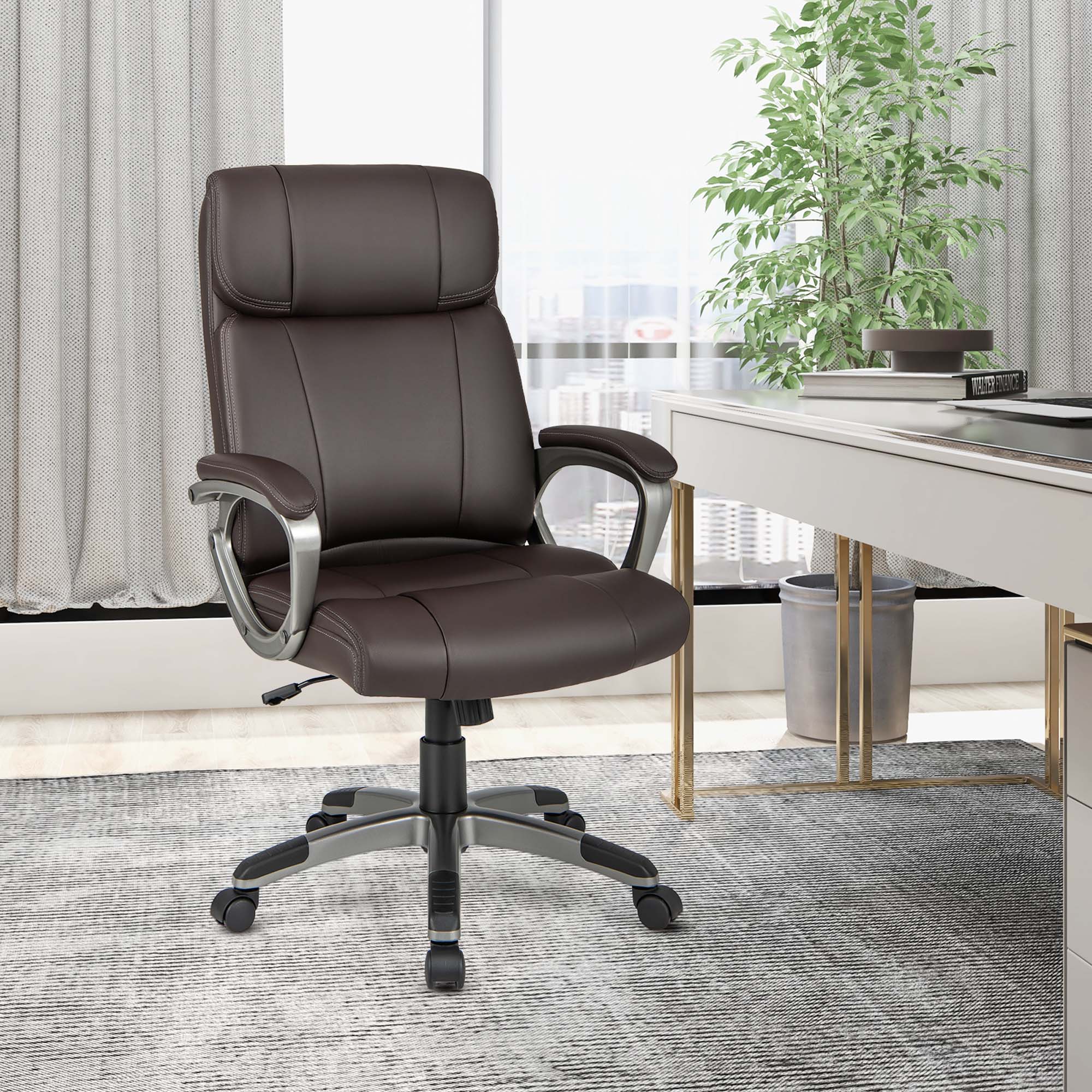 Alt View 3. Costway - Ergonomic Executive PU Leather Office Chair with Swivel and Flip-up Armrests - Brown.