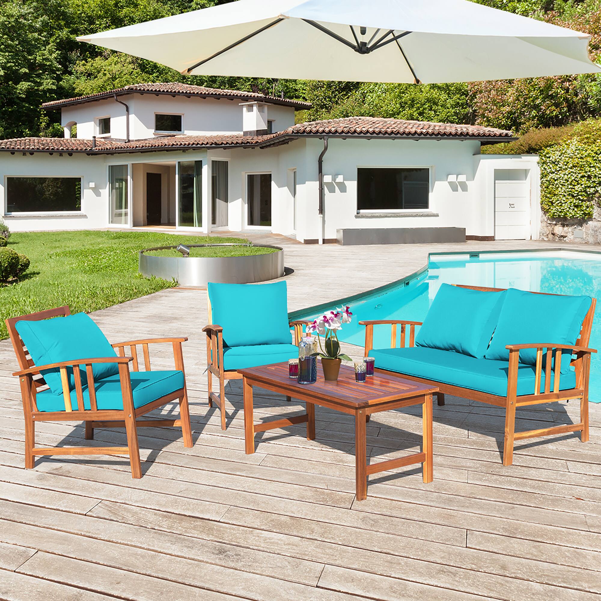 Alt View 3. Costway - Costway 8PCS Wooden Patio Furniture Set Table Sofa Chair Cushioned Garden - Teak,Turquoise.