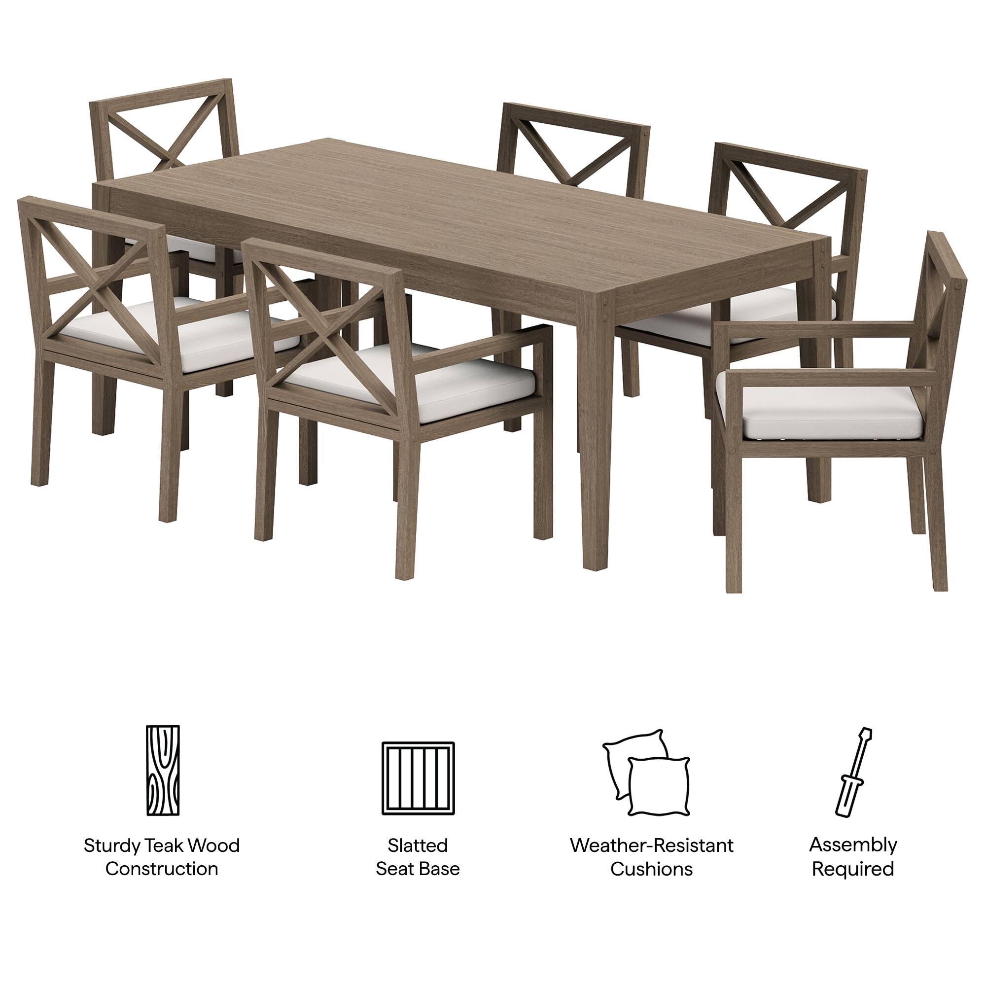 Sturdy Teak Wood Construction, Slatted Seat Base, Weather-Resistant Cushions, Assembly Required
