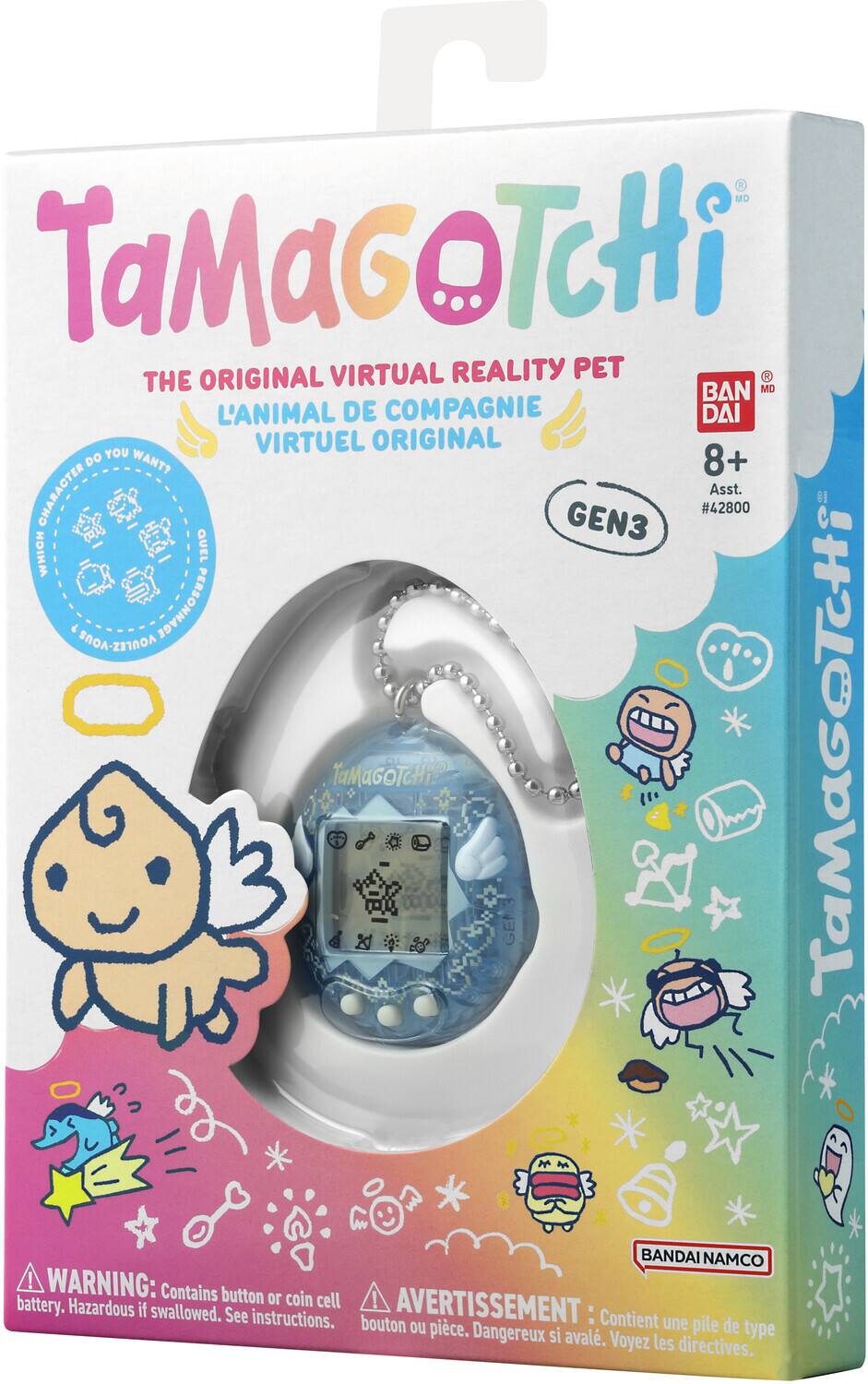 TaMaGoTcHi  
THE ORIGINAL VIRTUAL REALITY PET  
L'ANIMAL DE COMPAGNIE VIRTUEL ORIGINAL  

Do you want?  
QUEL PERSONNAGE  

GEN3  
Asst. #42800  

BANDAI  
8+  

WARNING: Contains button or coin cell battery. Hazardous if swallowed. See instructions.  
AVERTISSEMENT: Contient une pile de type bouton ou pièce. Dangereux si avalé. Voyez les directives.  

BANDAI NAMCO