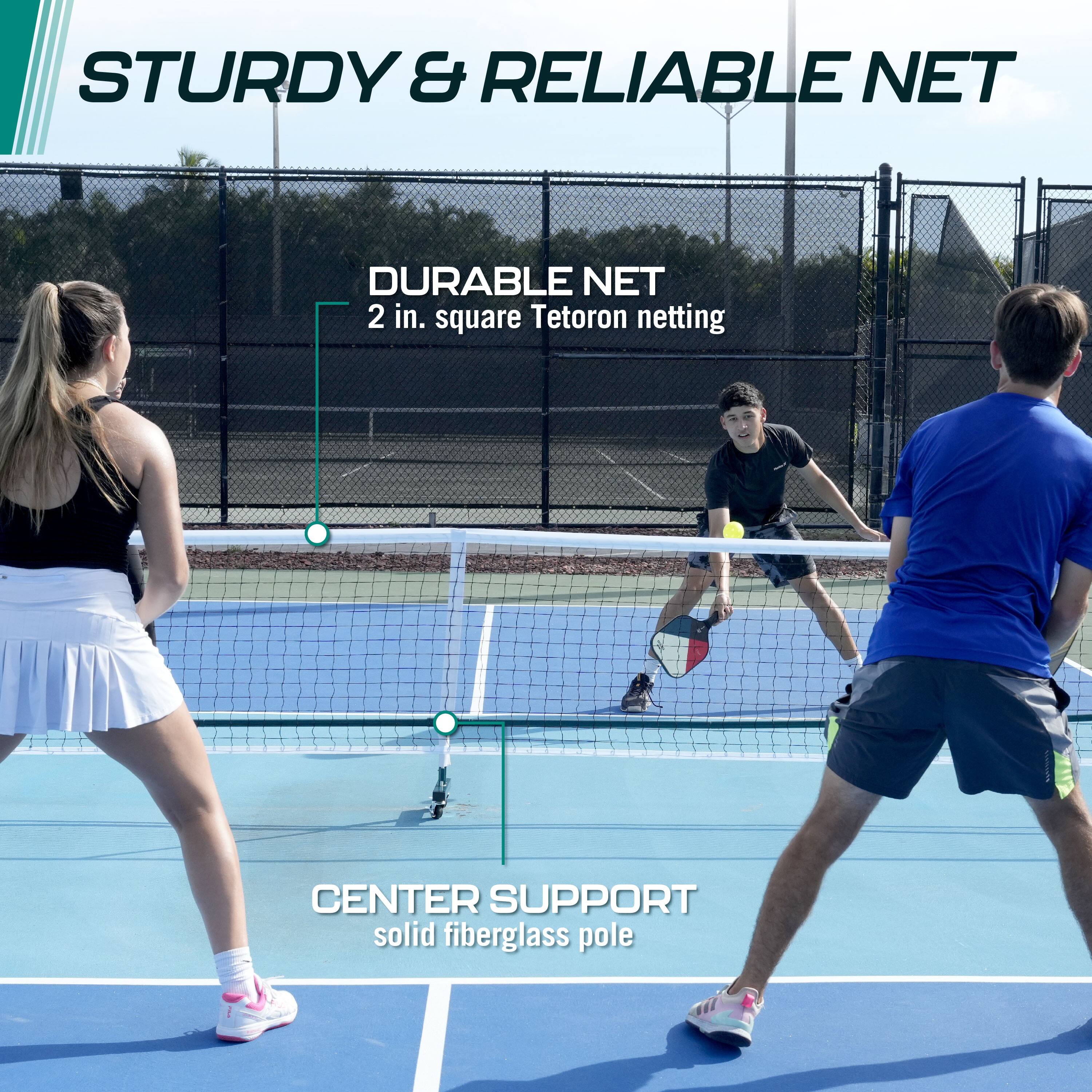 The text on the image describes a sturdy and reliable tennis net, which is made of durable Tetoron netting. The net features a center support and a solid fiberglass pole, providing stability and support to the net.