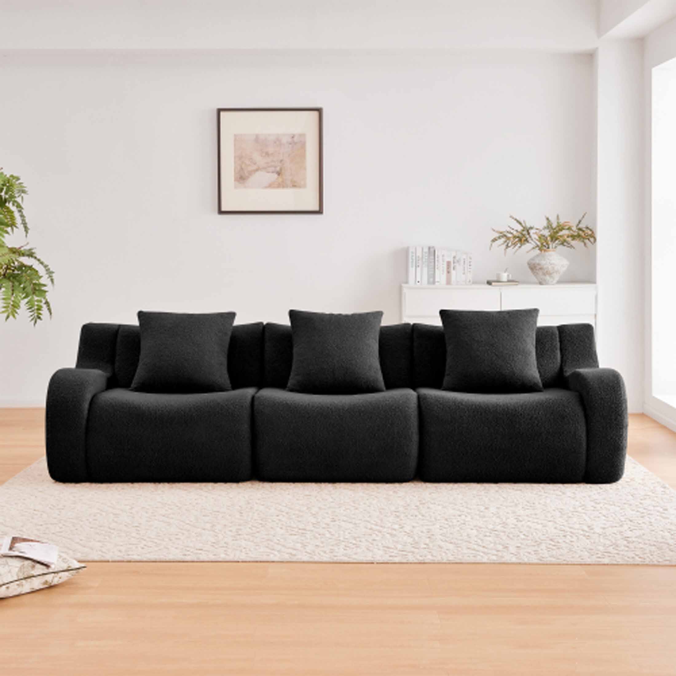 Angle. Aukfa - Modular Teddy Fabric Sofa - 3-Seat Convertible Sectional, Soft Boneless Design for Living Room - Black.