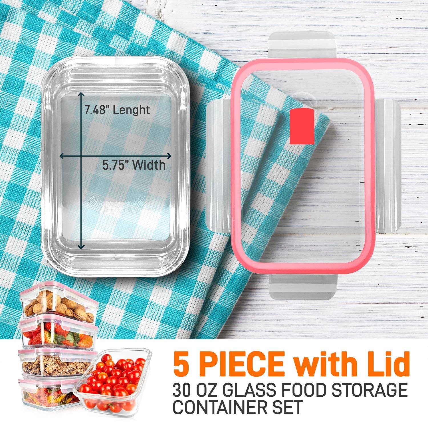 7.48" Length 5.75" Width 5 PIECE with Lid 30 OZ GLASS FOOD STORAGE CONTAINER SET