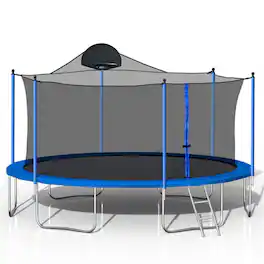 HTUTWOO - Trampoline for Adults & Kids 14FT with Basketball Hoop - Outdoor Trampoline with/Ladder,Safety Net,Duty Mat,Spring Cover - Blue
