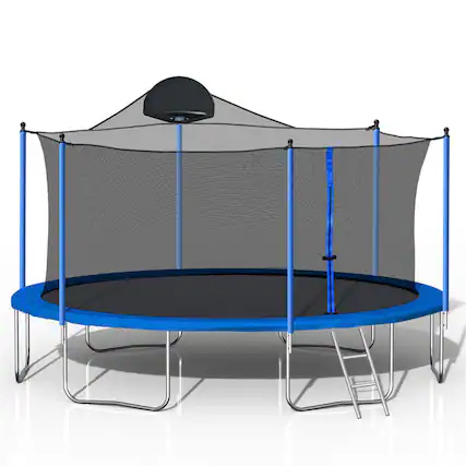 Front. HTUTWOO - Trampoline for Adults & Kids 14FT with Basketball Hoop - Outdoor Trampoline with/Ladder,Safety Net,Duty Mat,Spring Cover - Blue.
