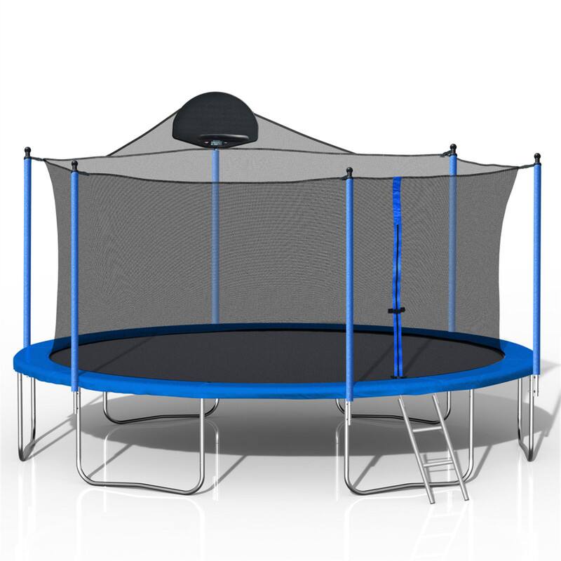 Front. HTUTWOO - Trampoline for Adults & Kids 14FT with Basketball Hoop - Outdoor Trampoline with/Ladder,Safety Net,Duty Mat,Spring Cover - Blue.