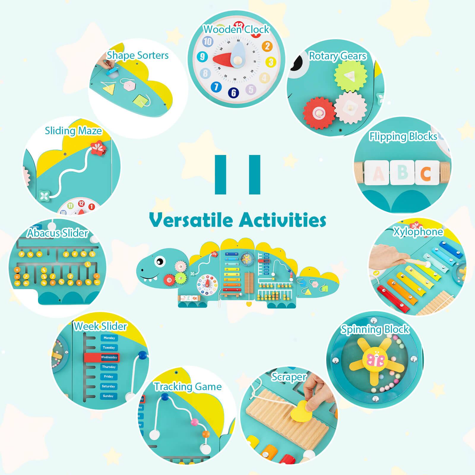 Shape Sorters  
Wooden Clock  
Rotary Gears  
Sliding Maze  
Flipping Blocks  
Abacus Slider  
Xylophone  
Week Slider  
Tracking Game  
Spinning Block  
Scraper  

Versatile Activities