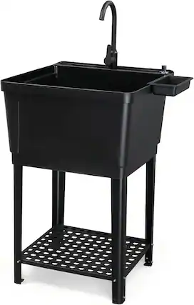 Front. Winado - Plastic Utility Sink Freestanding Plastic Sink with Hot and Cold Water Faucet, Soap Dispenser for Basement Laundry Home - Black.