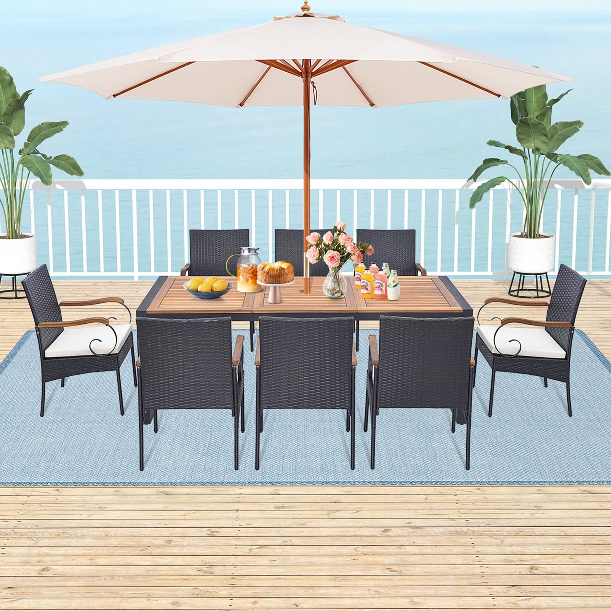 Alt View 3. Costway - 9 Pieces  Patio Rattan Dining Set with Acacia Wood Table, 1.9" Umbrella Hole - Mix Brown + Off White.