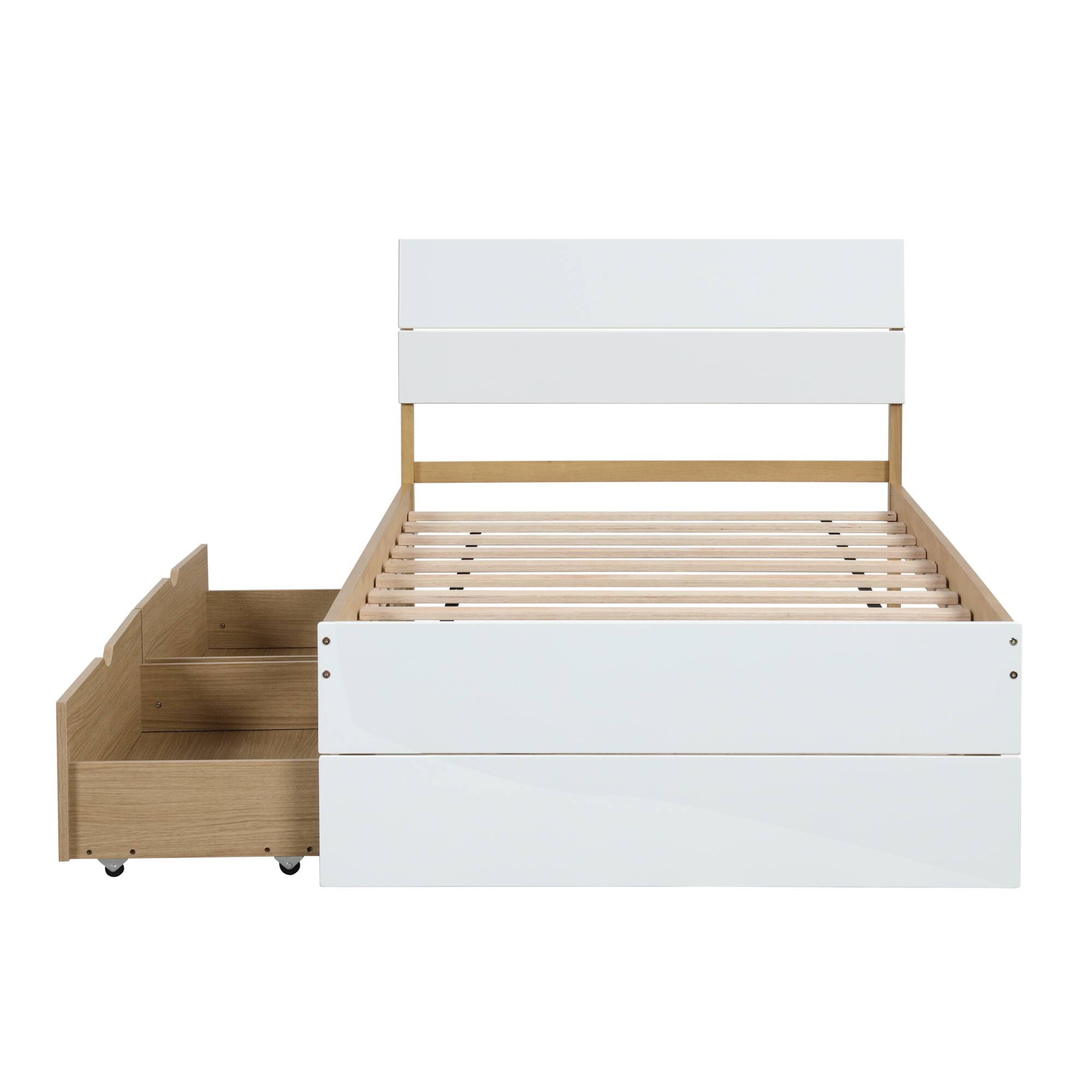 Alt View 5. GOODSILO - Modern Twin Bed Frame with Storage Drawers and High Gloss Finish - White+Light Oak.