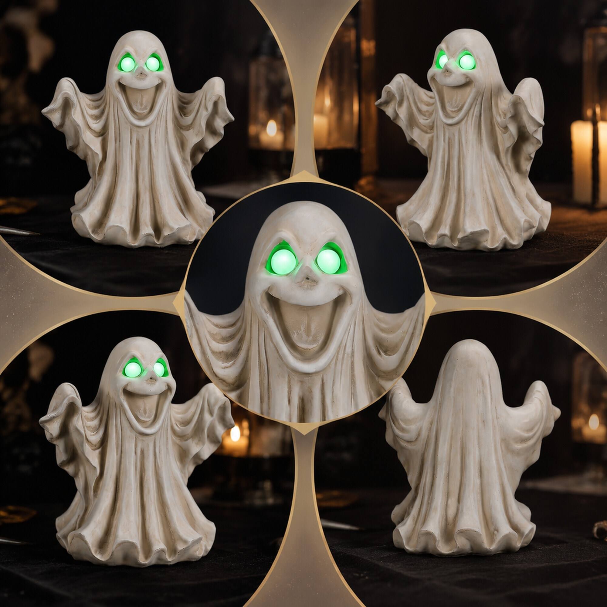 Alt View 5. RYHNUYNE - Halloween Ghost Figurine with Glowing LED Eyes for Spooky Home and Party Decor, Resin Tabletop Statue for Shelves - White.