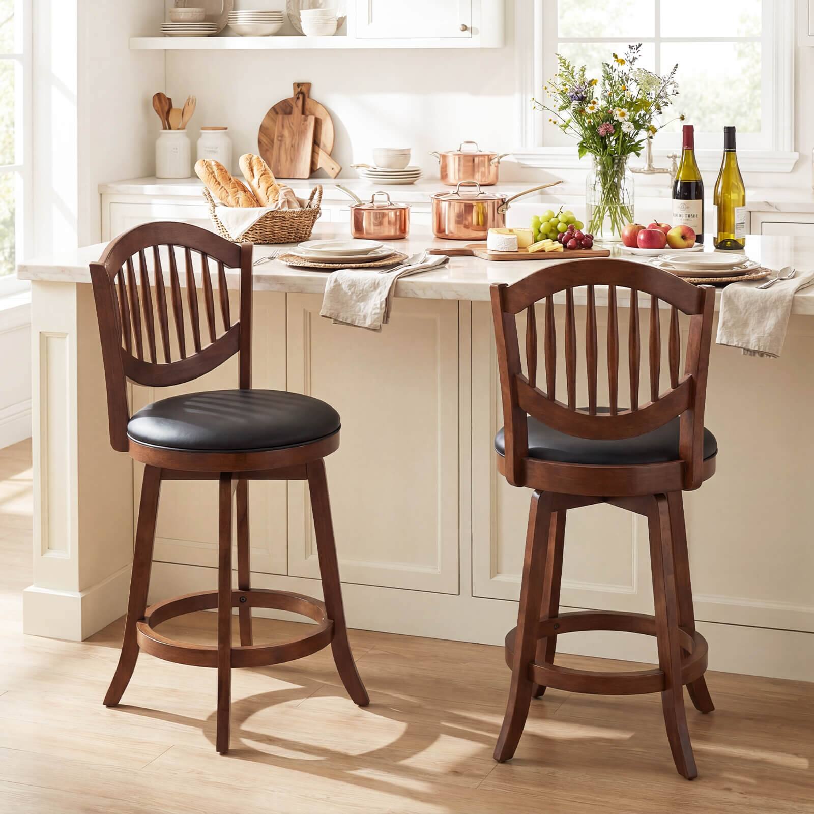 Alt View 3. Costway - Costway Swivel Bar Stools Set of 2, 25" Counter Height Barstools with Backrest & Wood Frame - Expresso,Black.
