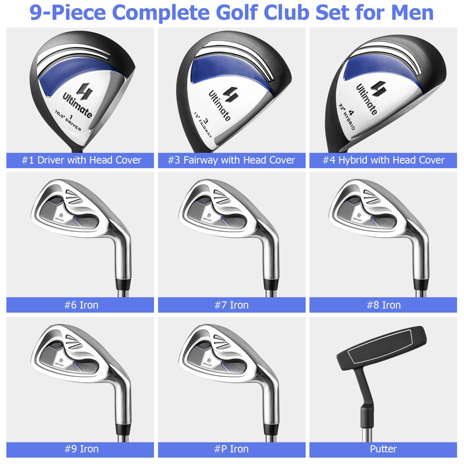 9-Piece Complete Golf Club Set for Men

- #1 Driver with Head Cover
- #3 Fairway with Head Cover
- #4 Hybrid with Head Cover
- #6 Iron
- #7 Iron
- #8 Iron
- #9 Iron
- #P Iron
- Putter