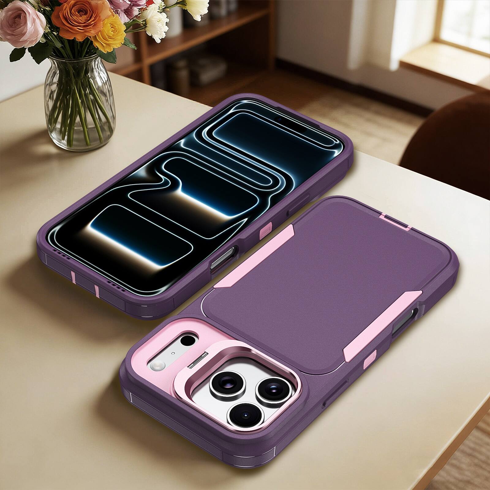 Alt View 3. Dteck - For Apple iPhone 17 Pro Max Rugged Case, Heavy Duty Dual Layer Shockproof Lens Kickstand Drop Protection Cover - Purple.