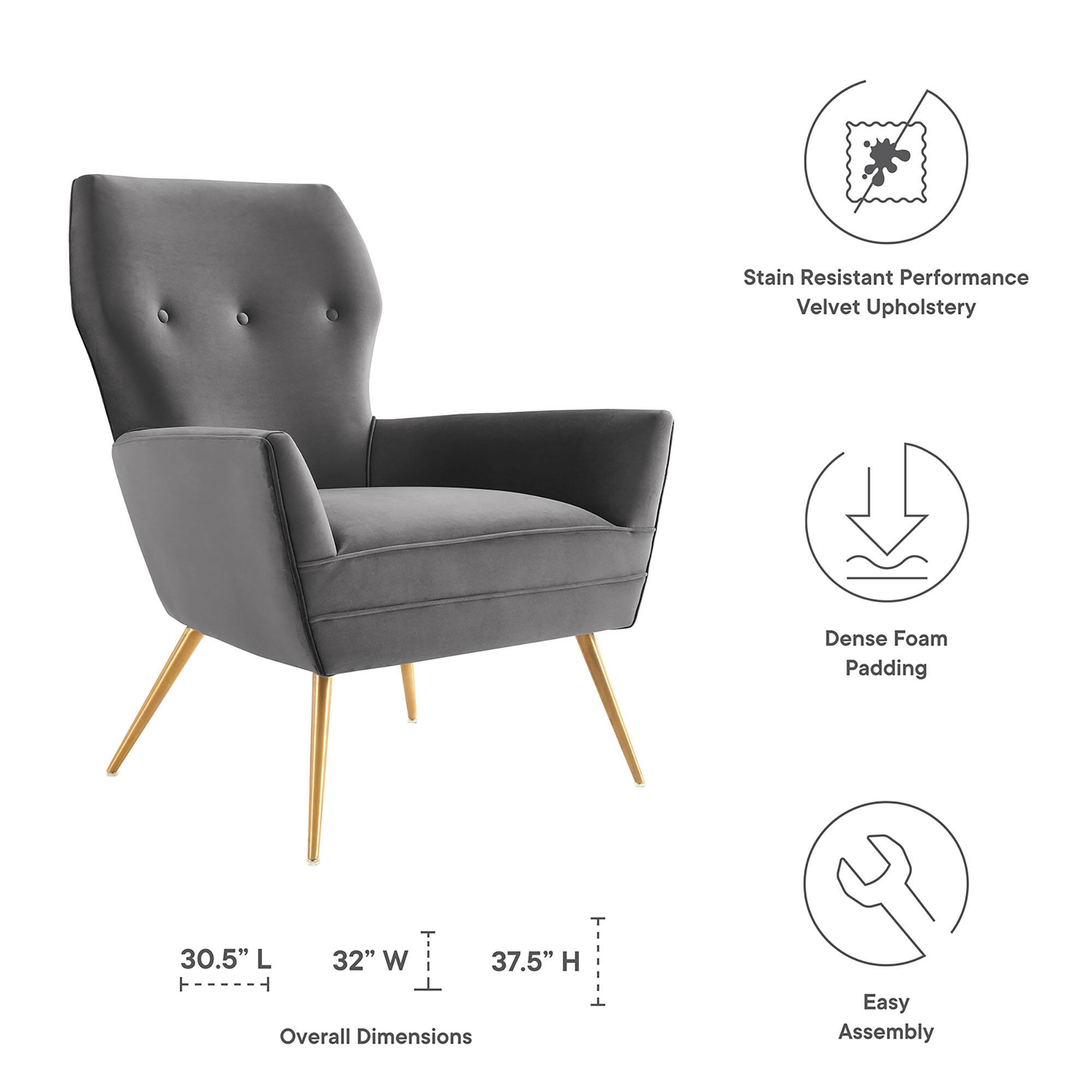 - Stain Resistant Performance Velvet Upholstery
- Dense Foam Padding
- Overall Dimensions: 30.5" L x 32" W x 37.5" H
- Easy Assembly