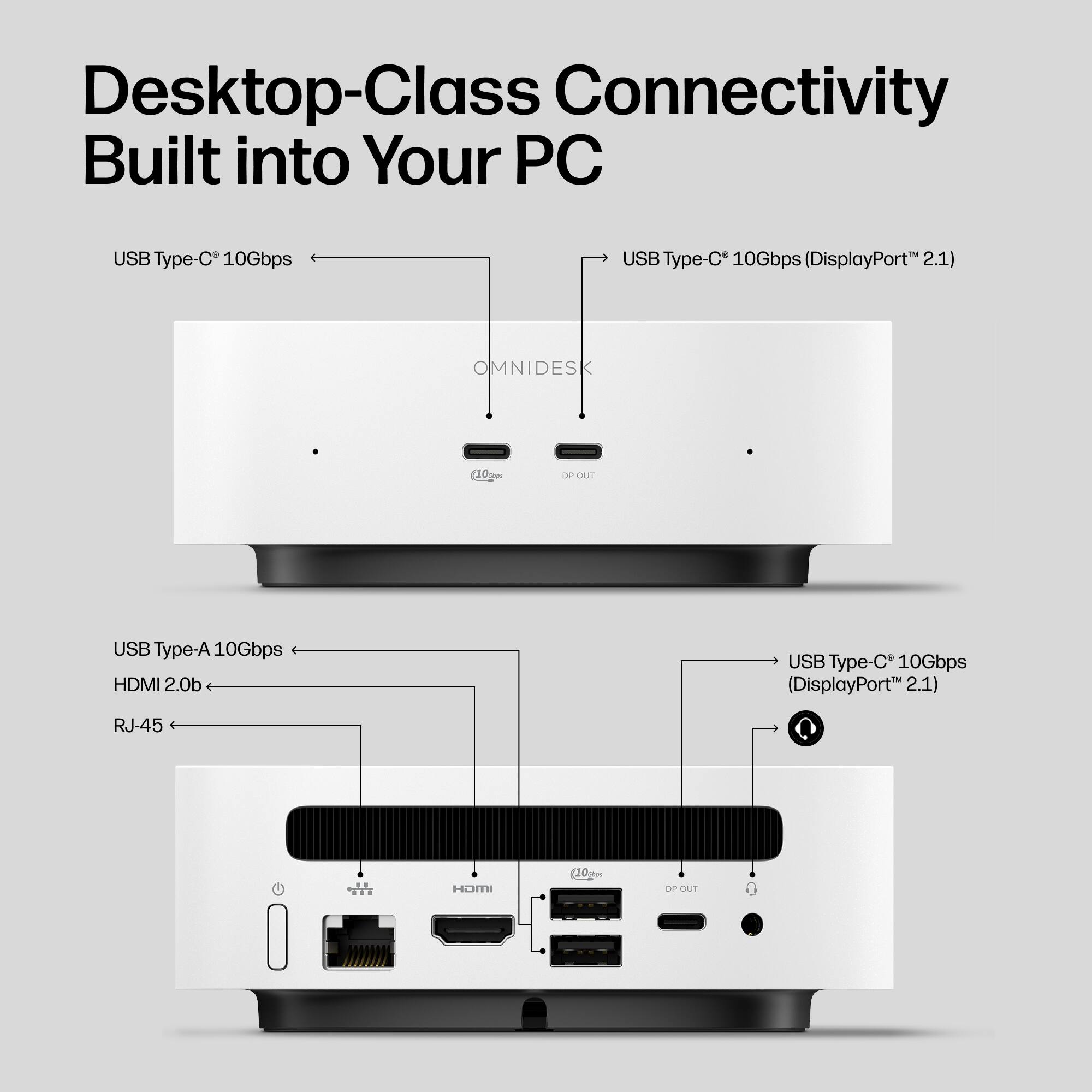 Desktop-Class Connectivity Built into Your PC

USB Type-C 10Gbps

USB Type-C 10Gbps (DisplayPort 2.1)

OMNIDESK

(10m)

DP OUT

USB Type-A 10Gbps HDMI 2.0b

RJ-45

HDMI

(10m)

DP OUT