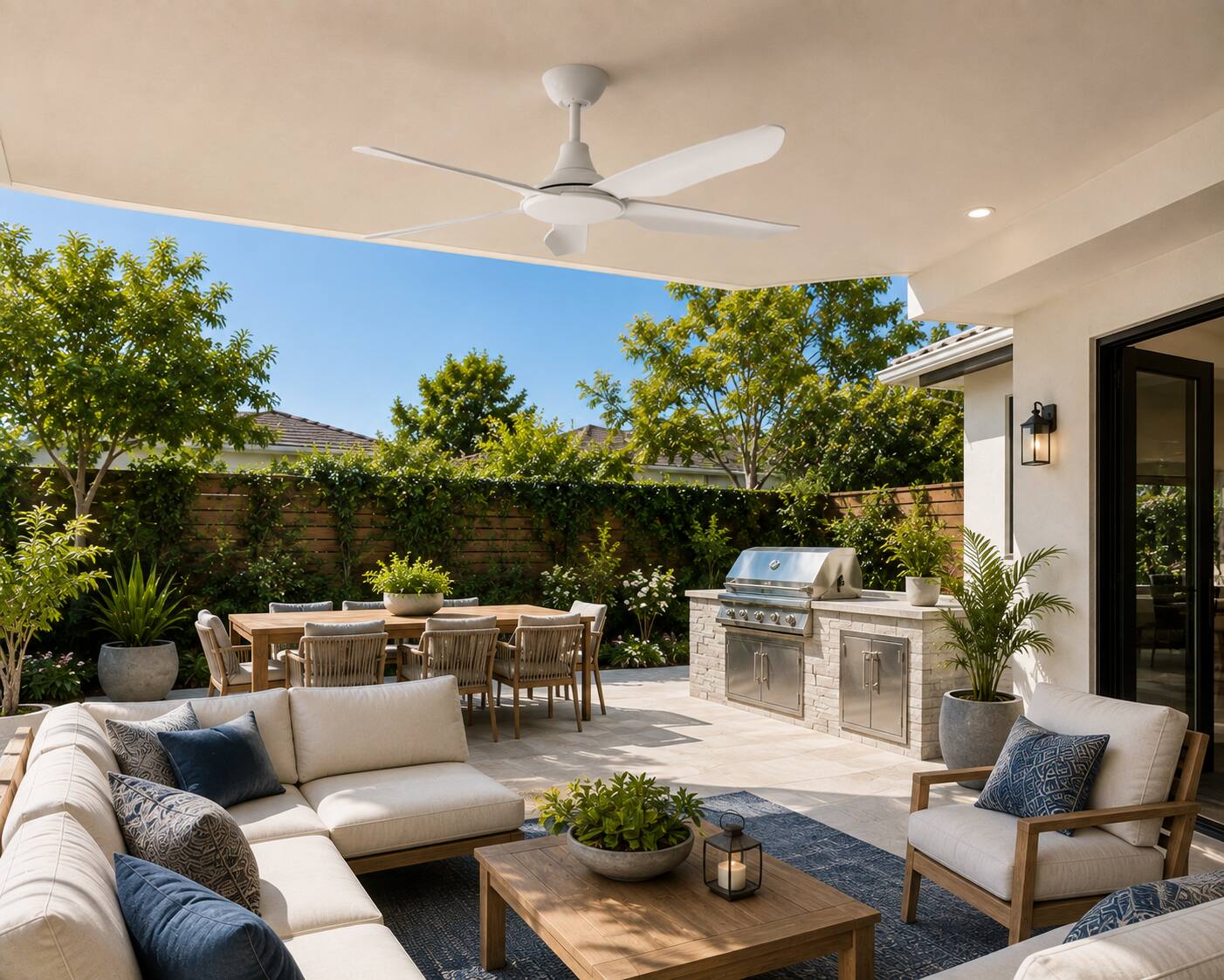Left. ENLIGHT - 52" Smart Ceiling Fan, IP66 Outdoor/Coastal, Weather Resist, Efficient + Quiet DC Motor, Reverse Mode, Matter, 5 Blades - White.