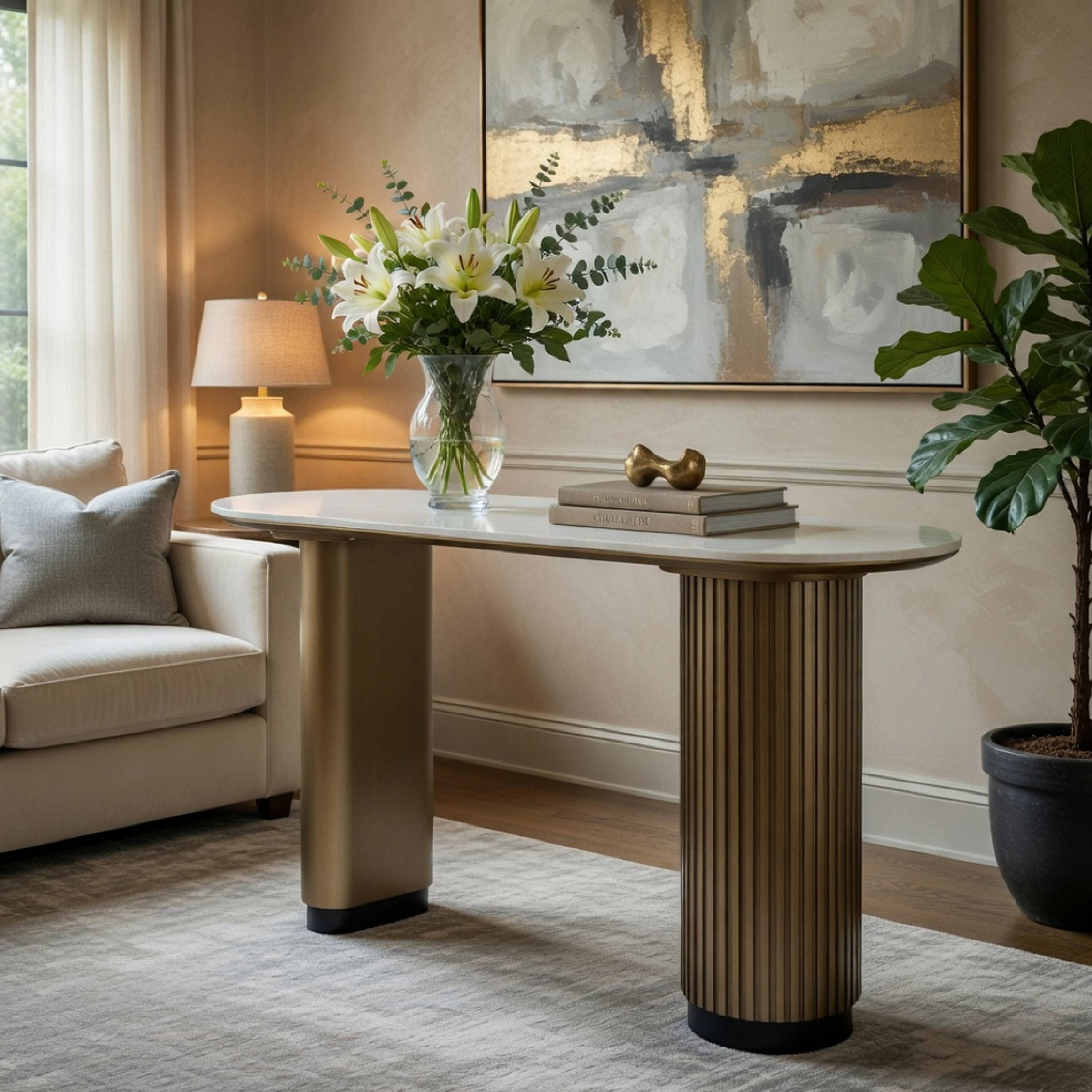 Alt View 7. Manhattan Lane - Jeh Sofa Console Table, 55 Inch White Oval Top, Pedestal Base - White, Oak Brown, Black.