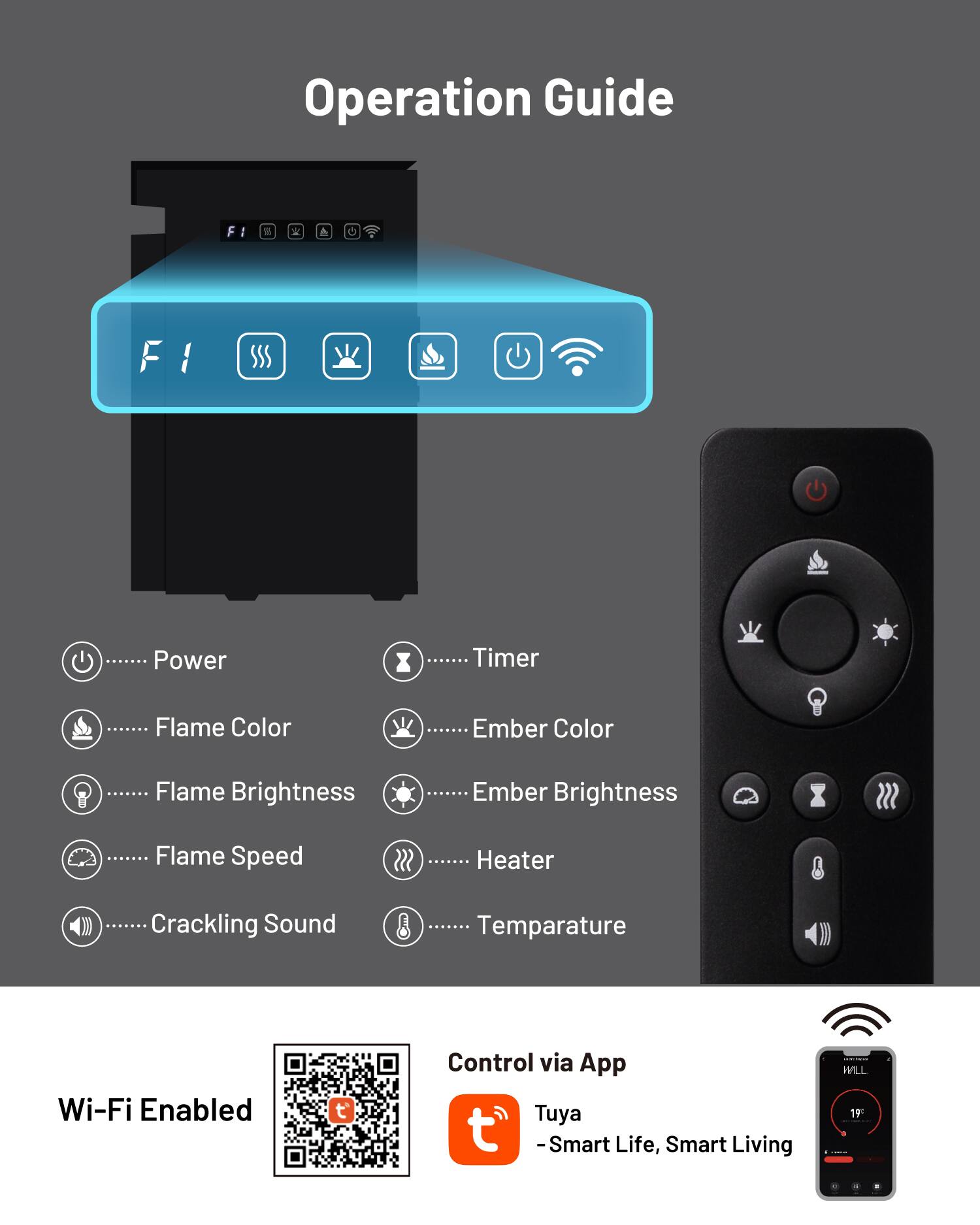 Operation Guide

F1

Power Timer Flame Color Ember Color Flame Brightness Ember Brightness Flame Speed Heater Crackling Sound Temperature

Wi-Fi Enabled

Control via App

Tuya - Smart Life, Smart Living