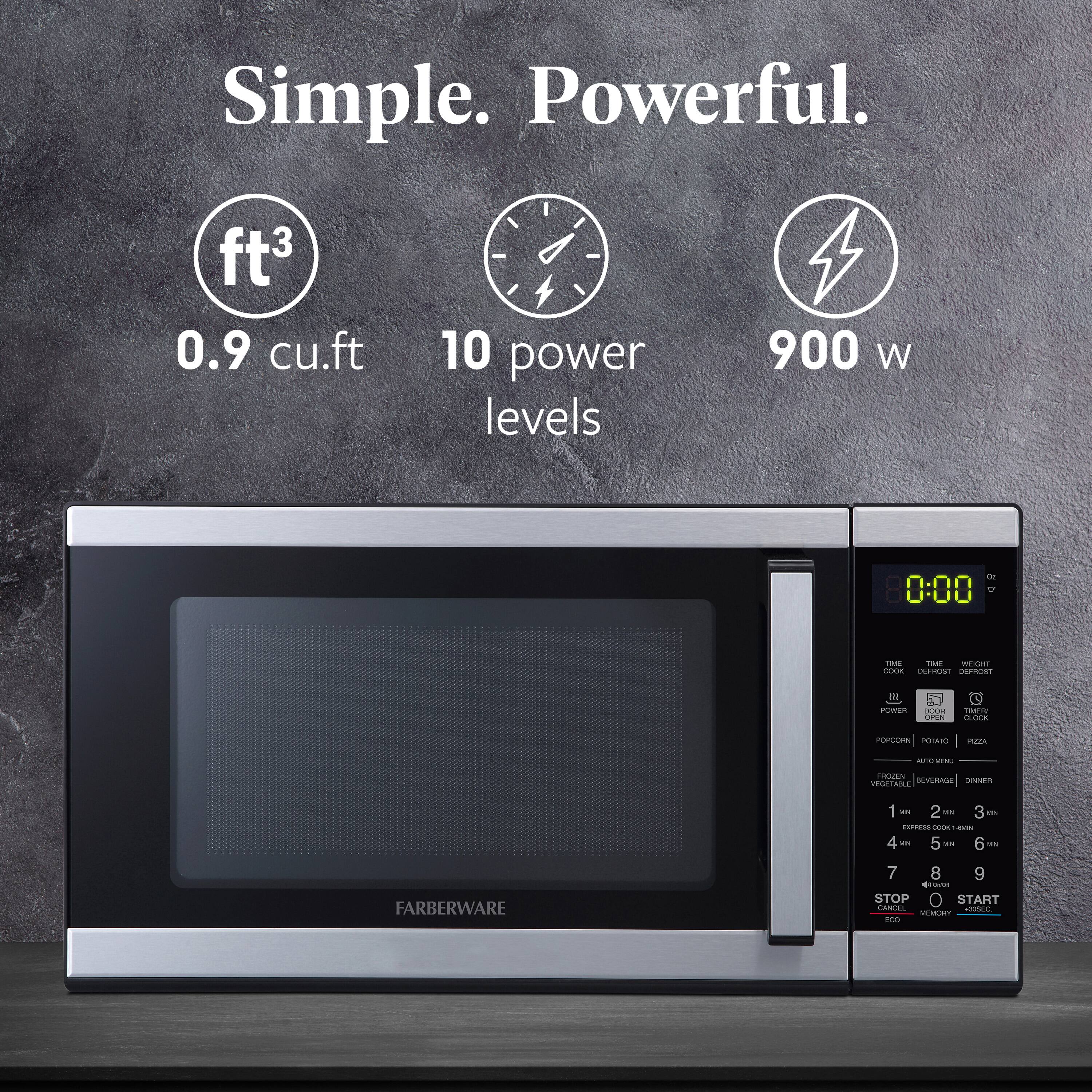 Simple. Powerful.

- ft³ 0.9 cu.ft
- 10 power levels
- 900 W

FARBERWARE

- TIME COOK
- TIME DEFROST
- WEIGHT DEFROST
- POPCORN
- POTATO
- PIZZA
- FROZEN VEGETABLE
- REHEAT
- DINNER
- AUTO MENU
- EXPRESS COOK
- STOP
- CANCEL
- START
- MEMORY
- TIMER CLOCK
