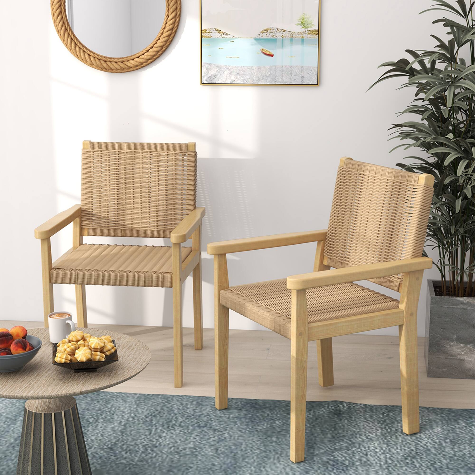 Alt View 1. Costway - Costway Patio Chair Set of 4 Rubber Wood Dining Armchairs Paper Rope Woven Seat Balcony - Natural.