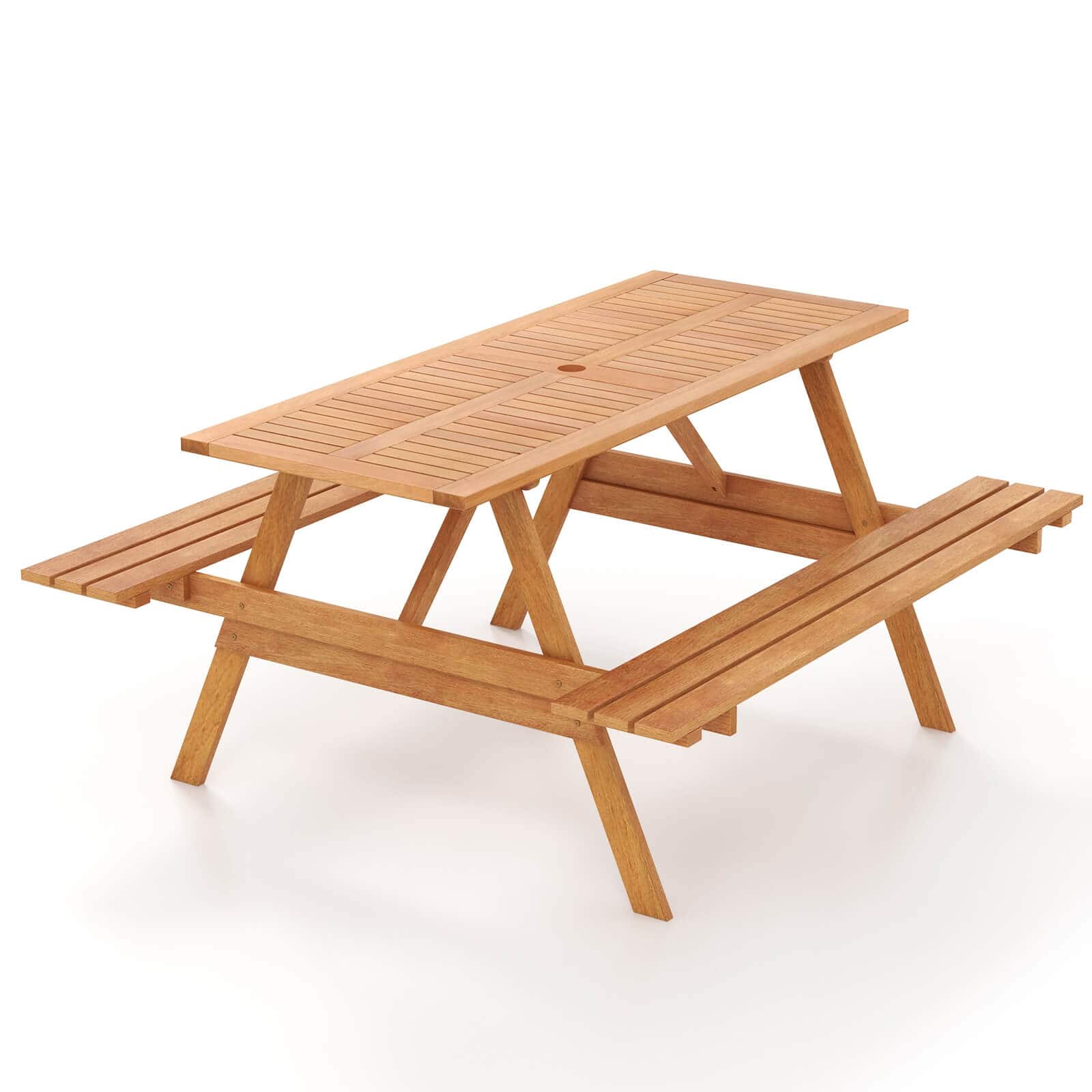 Gymax - 6 Person Picnic Table Set w/ Table 2 Built-in Benches 2'' Umbrella Hole Patio - Natural