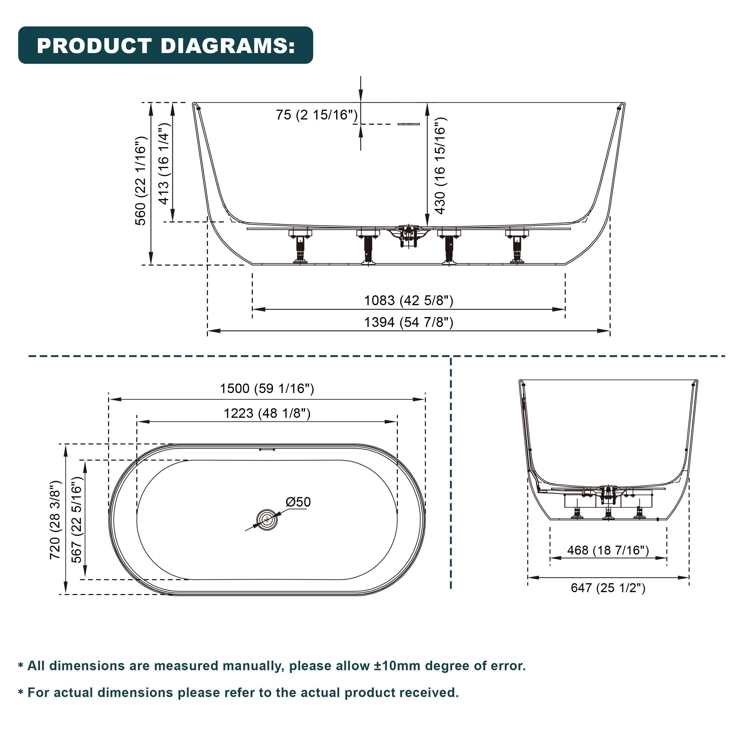 PRODUCT DIAGRAMS:  
- 560 (22 1/16")  
- 413 (16 1/4")  
- 1083 (42 5/8")  
- 1394 (54 7/8")  
- 1500 (59 1/16")  
- 1223 (48 1/8")  
- 75 (2 15/16")  
- 430 (16 15/16")  
- 567 (22 5/16")  
- 468 (18 7/16")  
- 647 (25 1/2")  

All dimensions are measured manually, please allow ±10mm degree of error.  
For actual dimensions please refer to the actual product received.