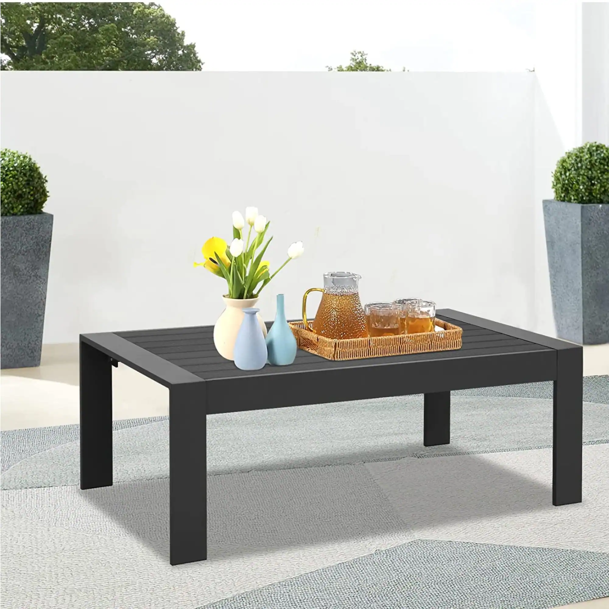 Left. Mondawe - 43" Aluminum Rectangle Patio Coffee Table - Grey.