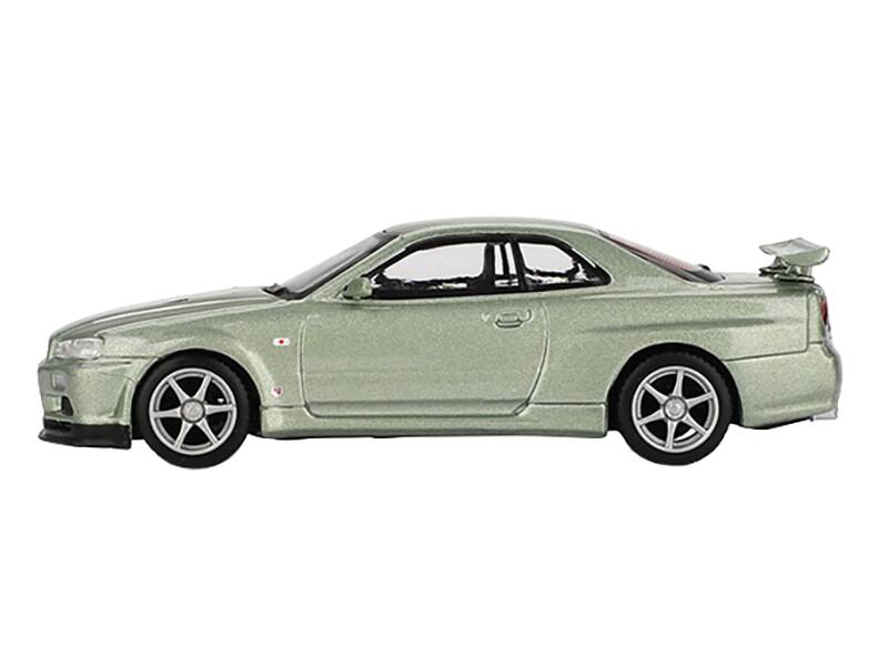 Angle. Mini GT - Nissan Skyline GT-R (R34) V-Spec II Nur RHD (Right Hand Drive) Millenium Jade Metallic Limited Edition 1/64 - Jade Metallic.