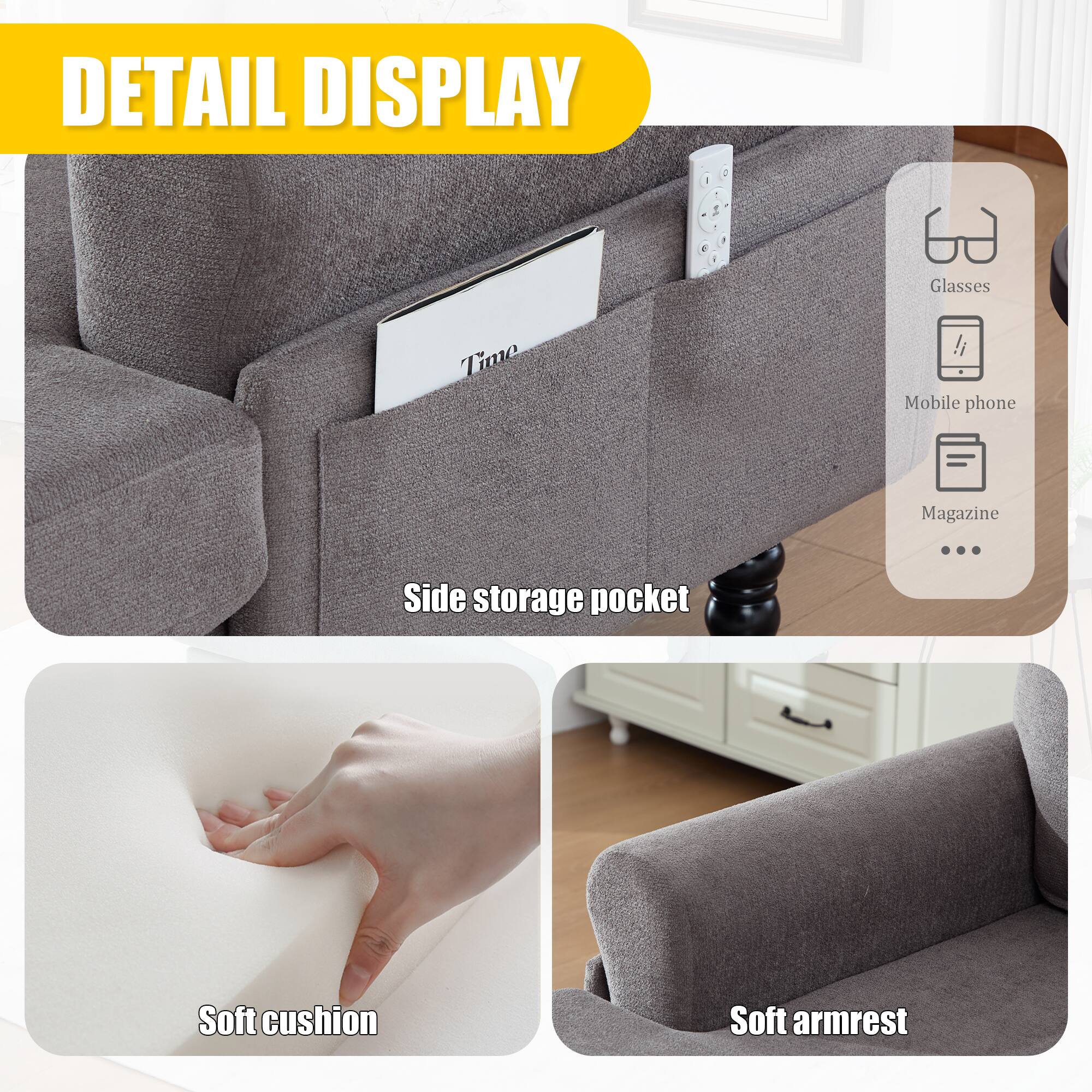 DETAIL DISPLAY

- Side storage pocket
- Soft cushion
- Soft armrest

Icons:
- Glasses
- Mobile phone
- Magazine