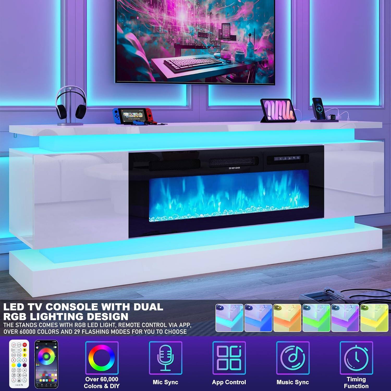 LED TV CONSOLE WITH DUAL RGB LIGHTING DESIGN  
THE STANDS COMES WITH RGB LED LIGHT, REMOTE CONTROL VIA APP, OVER 60000 COLORS AND 29 FLASHING MODES FOR YOU TO CHOOSE  
- Over 60,000 Colors & DIY Mic Sync App Control Music Sync Timing Function