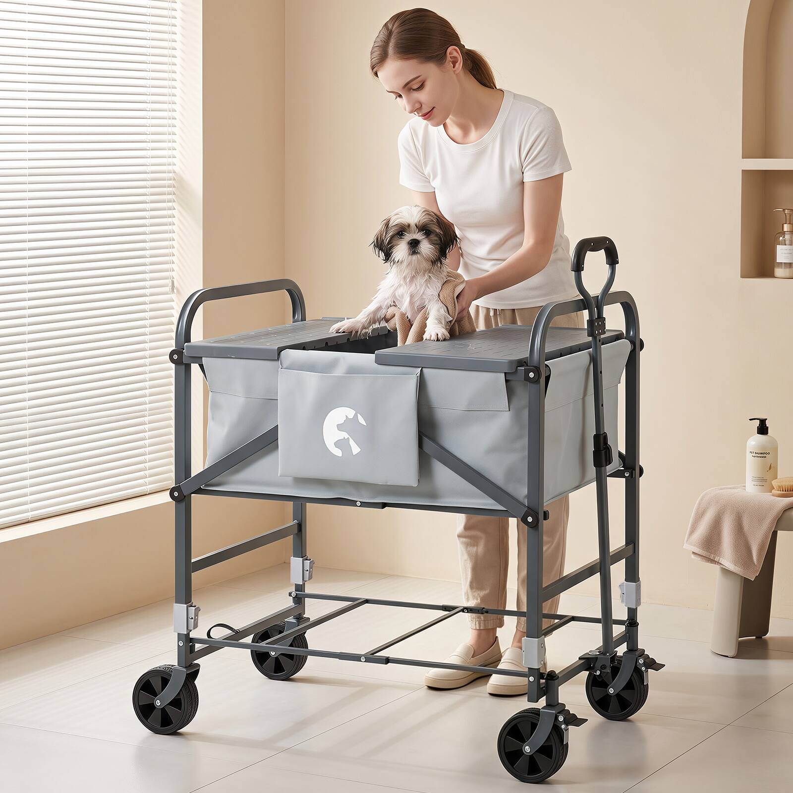 Alt View 3. Gymax - Gymax Foldable Dog Bath Cart w/ Adjustable Height & 4 Wheels Detachable Care Board Black & Grey - Gray.