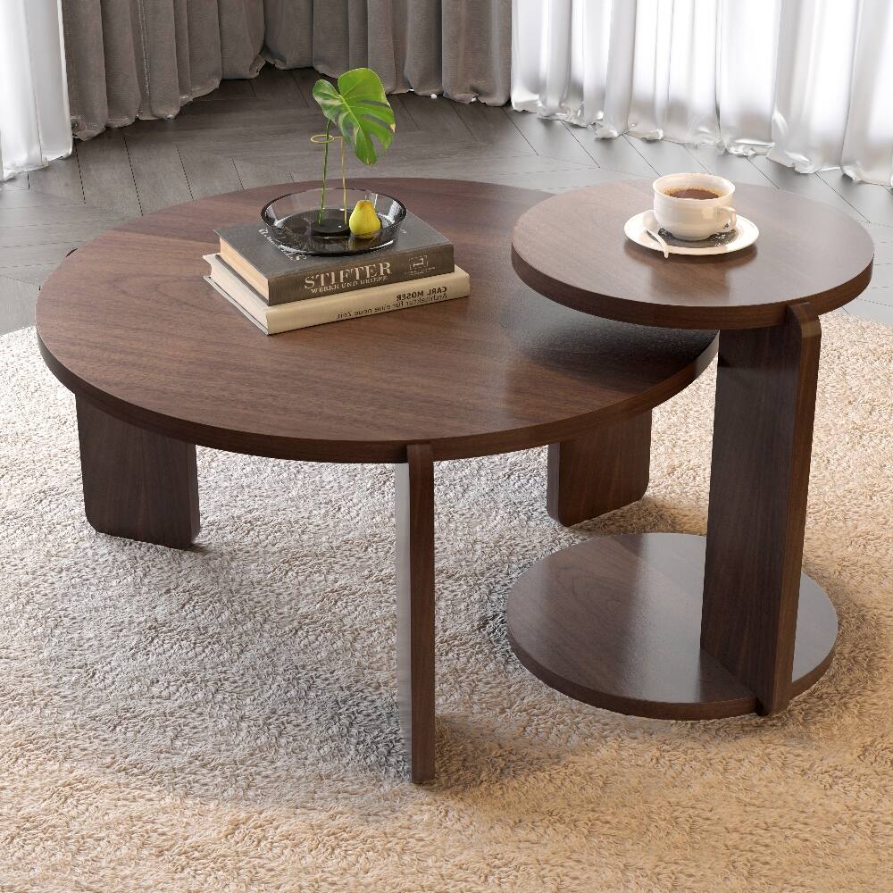 Loheer - Nesting Coffee Table Set of 2 Round Veneer Wood End Table for Living Room - Walnut