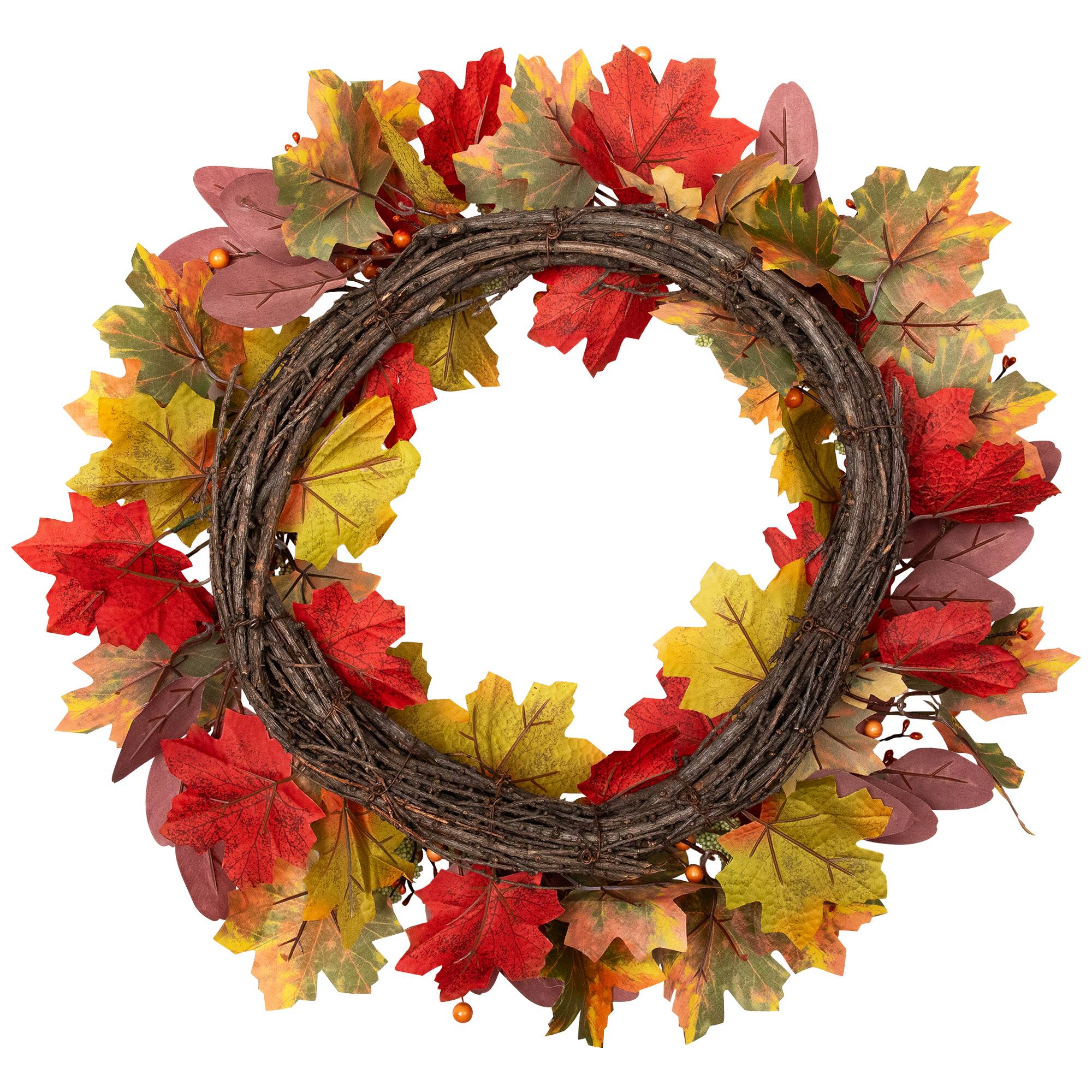 Alt View 10. Northlight - Leaves and Berries Artificial Fall Harvest Wreath - 20" - Red.