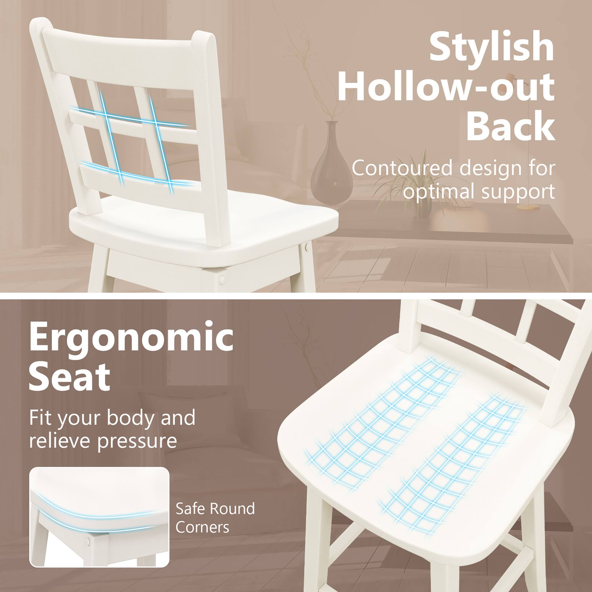Stylish Hollow-out Back, Contoured design for optimal support, Ergonomic Seat, Fit your body and relieve pressure, Safe Round Corners