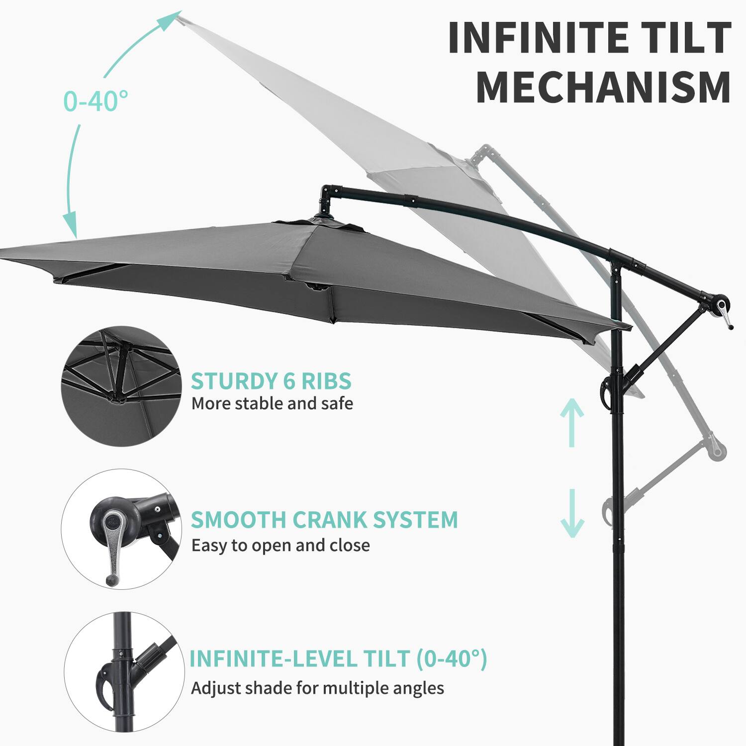 - INFINITE TILT MECHANISM
- STURDY 6 RIBS
  - More stable and safe
- SMOOTH CRANK SYSTEM
  - Easy to open and close
- INFINITE-LEVEL TILT (0-40°)
  - Adjust shade for multiple angles