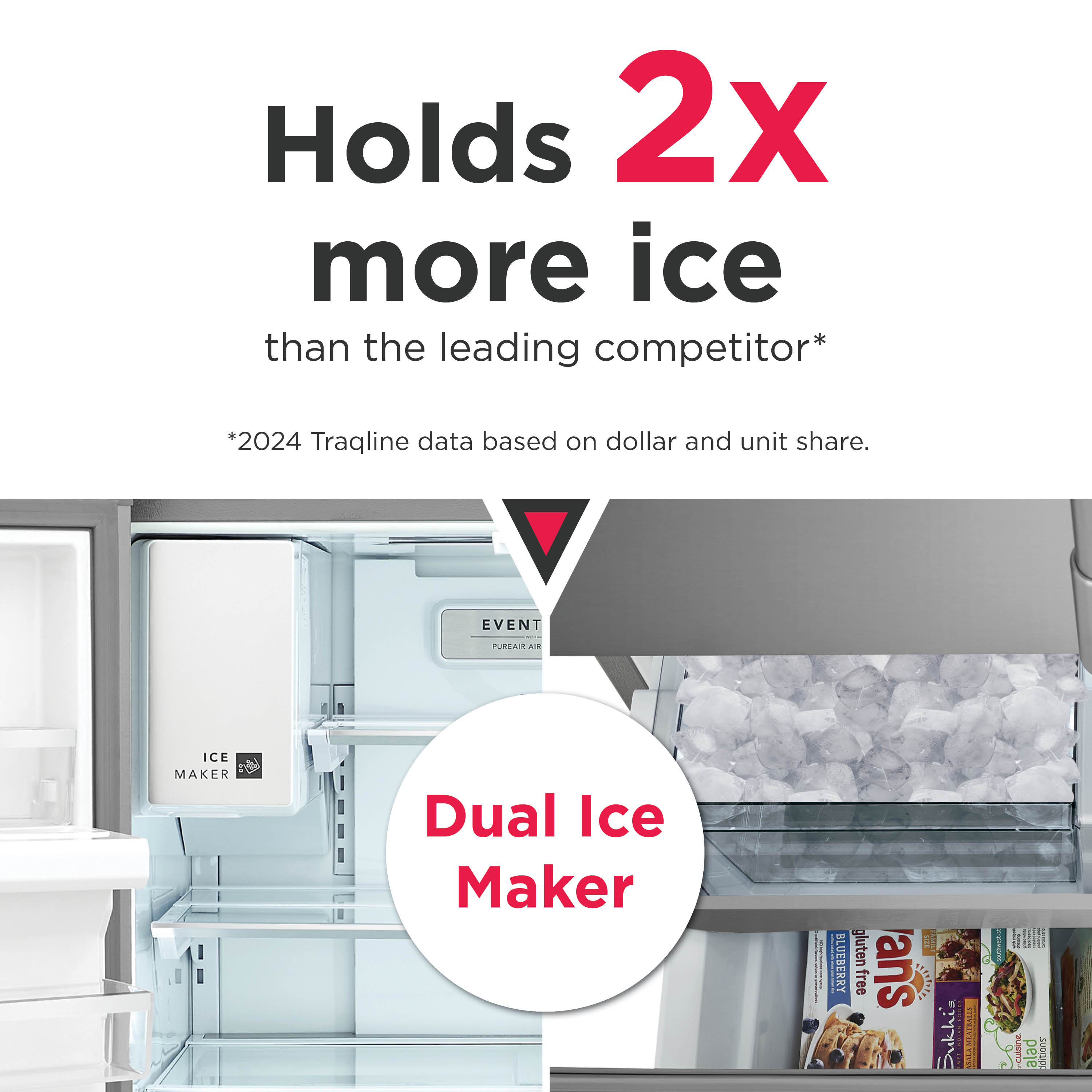 Holds 2x more ice than the leading competitor* *2024 Traqline data based on dollar and unit share. EVENT PURE ICE MAKER Dual Ice Maker BLUEBERRY gluten free and VEGAN friendly.