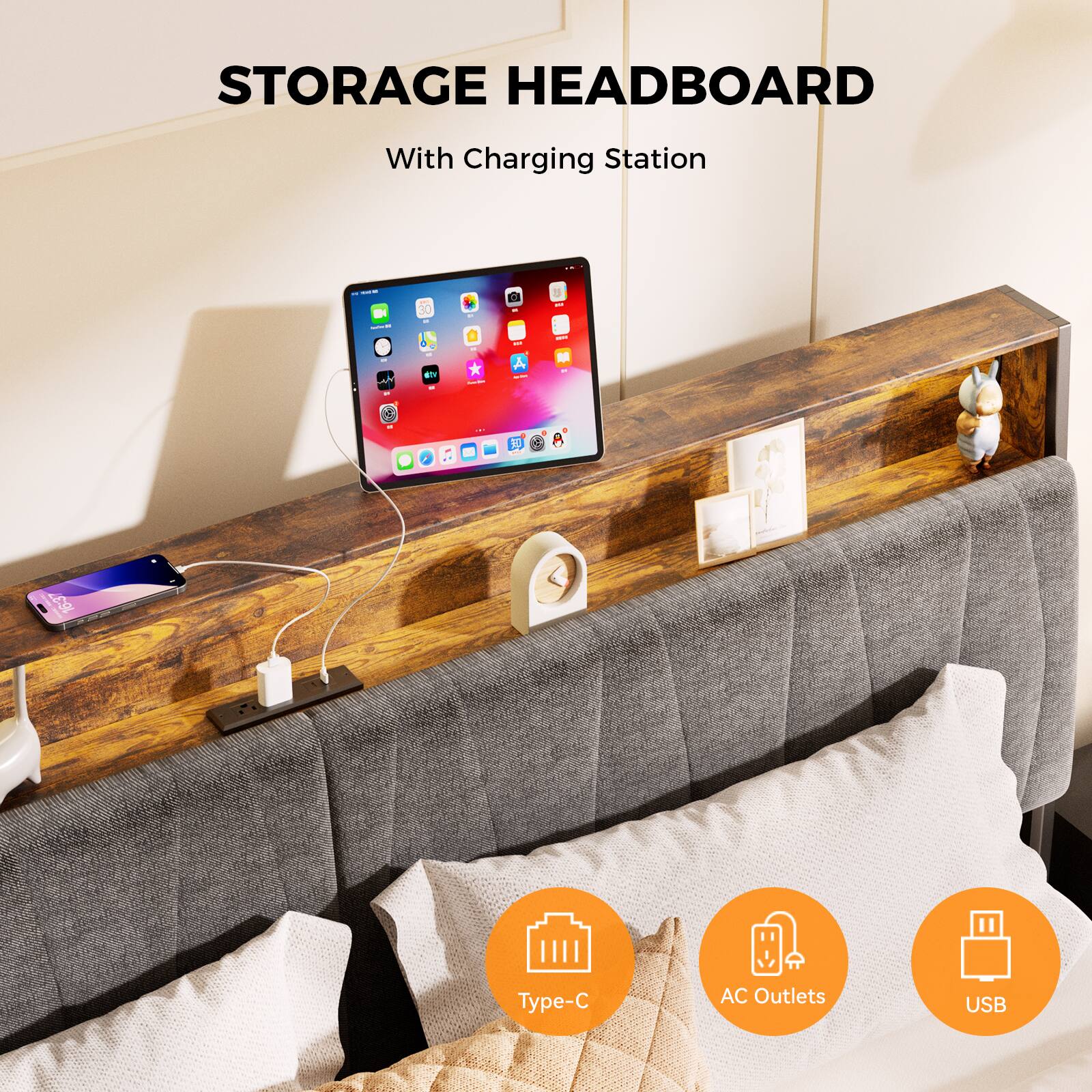 STORAGE HEADBOARD With Charging Station Type-C AC Outlets USB