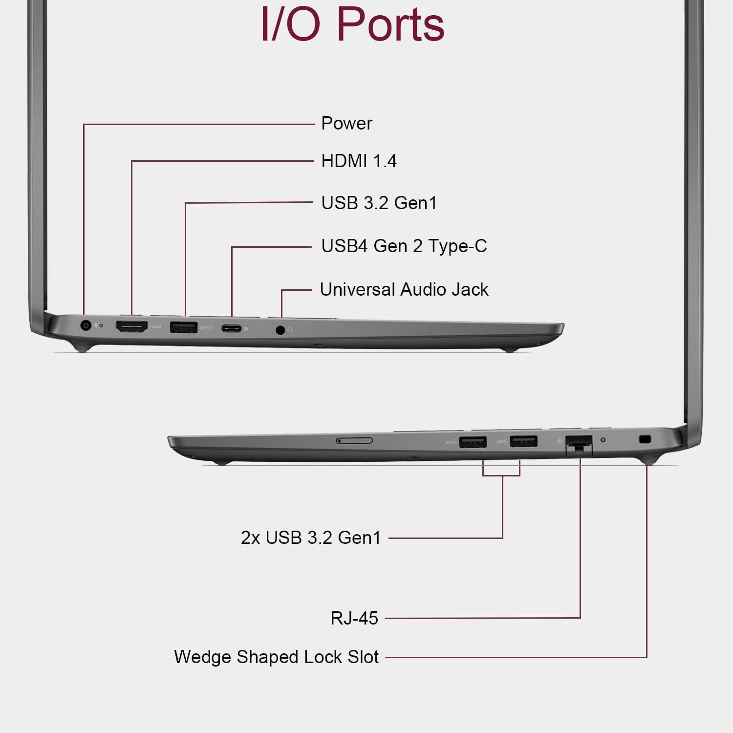 I/O Ports  
- Power  
- HDMI 1.4  
- USB 3.2 Gen1  
- USB4 Gen 2 Type-C  
- Universal Audio Jack  
- 2x USB 3.2 Gen1  
- RJ-45  
- Wedge Shaped Lock Slot