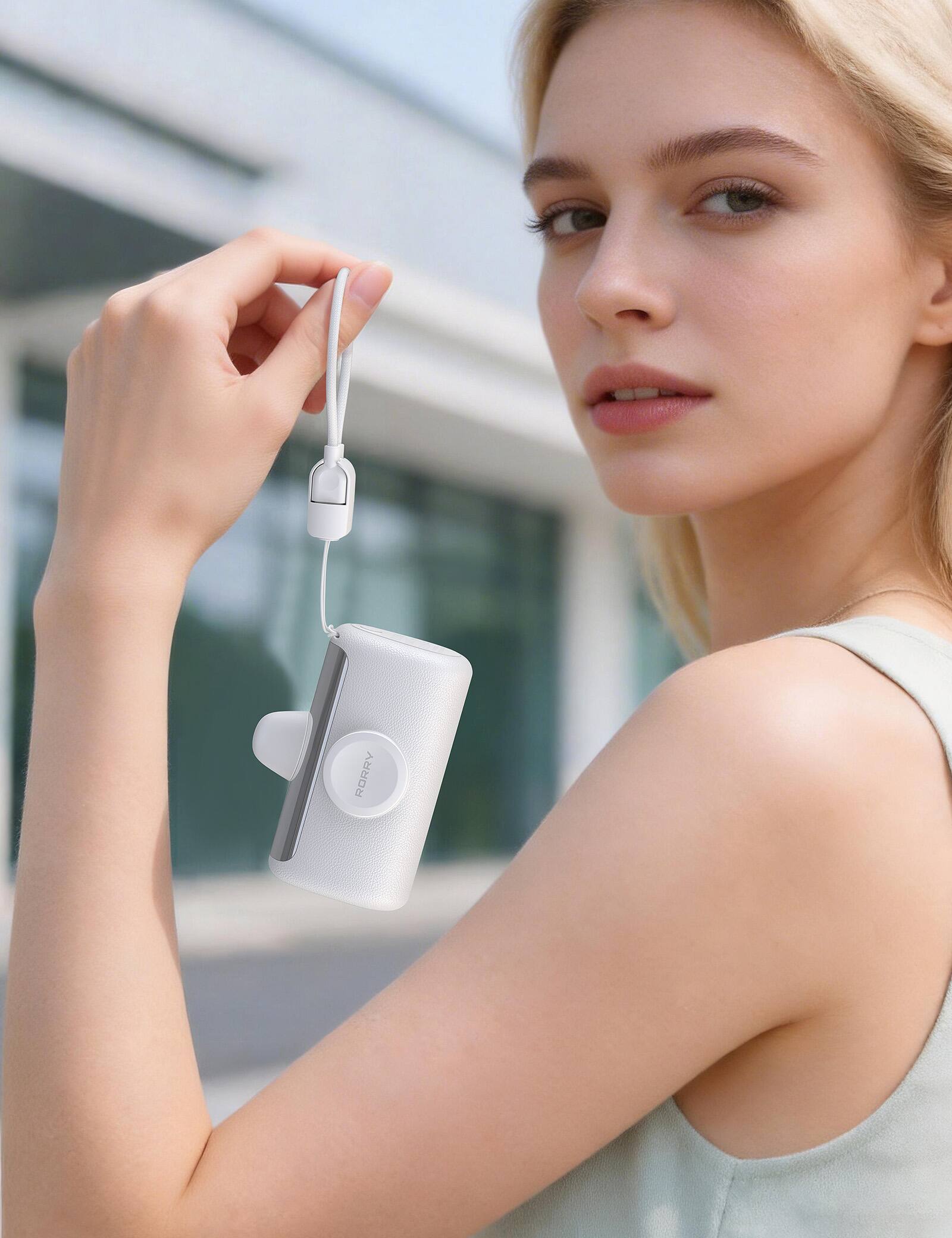 Alt View 4. RORRY - RORRY PalmGo 10000mAh Portable Charger 22.5W 3-in-1 Power Bank with USB-C, for iPhone 17/16/15, Apple Watch, iPad - White.