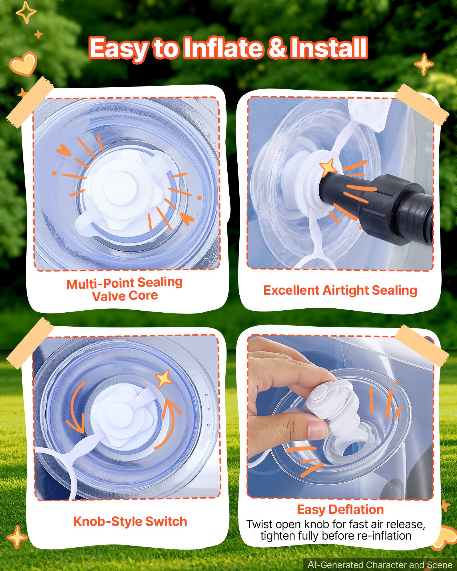 Easy to Inflate & Install

Multi-Point Sealing Valve Core

Excellent Airtight Sealing

Knob-Style Switch

Easy Deflation
Twist open knob for fast air release, tighten fully before re-inflation

AI-Generated Character and Scene