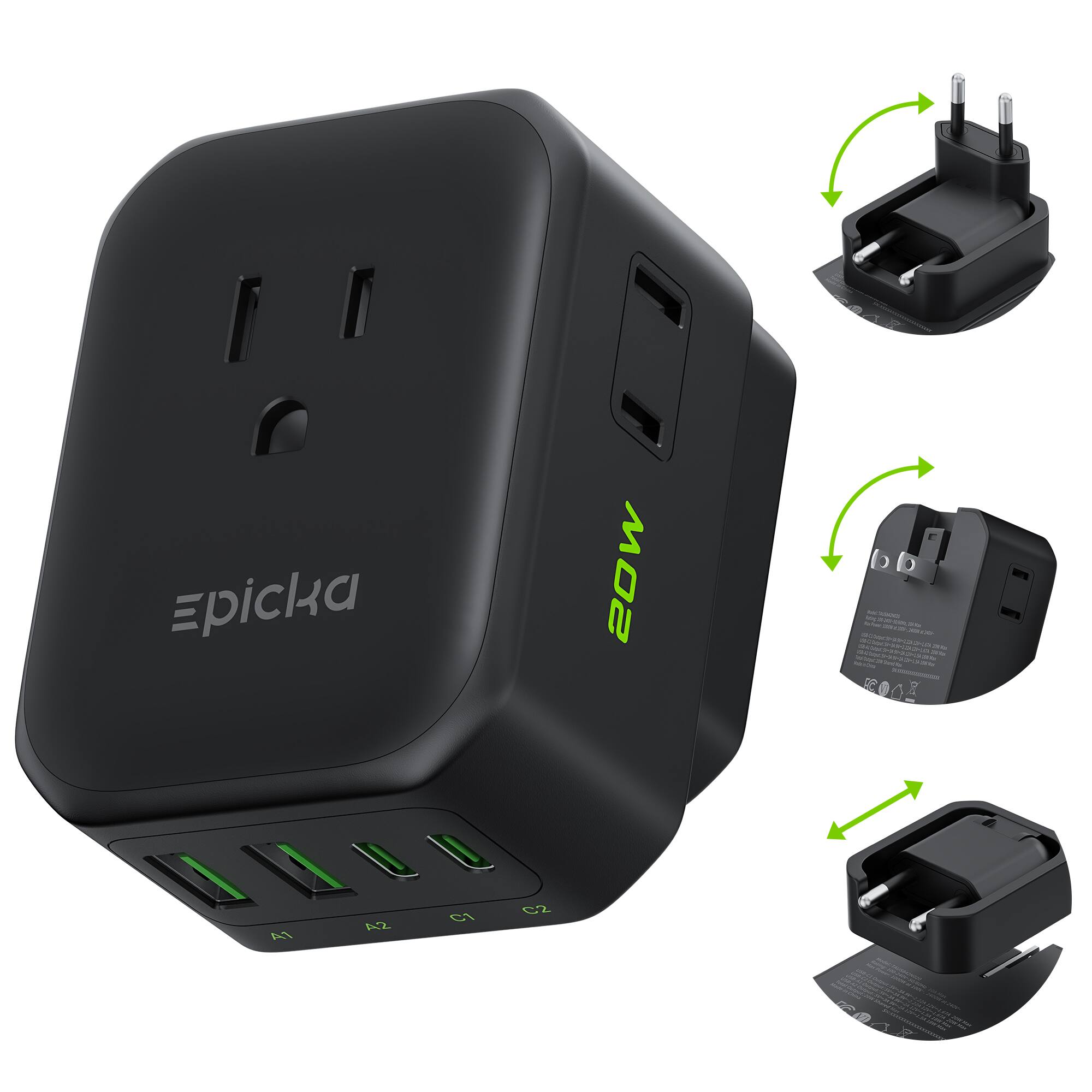 Epicka - Hybrid International Power Adapter for US to Europe & England, 8-IN-1 Travel Plug Adapter, Travel Dorm Essentials - Black