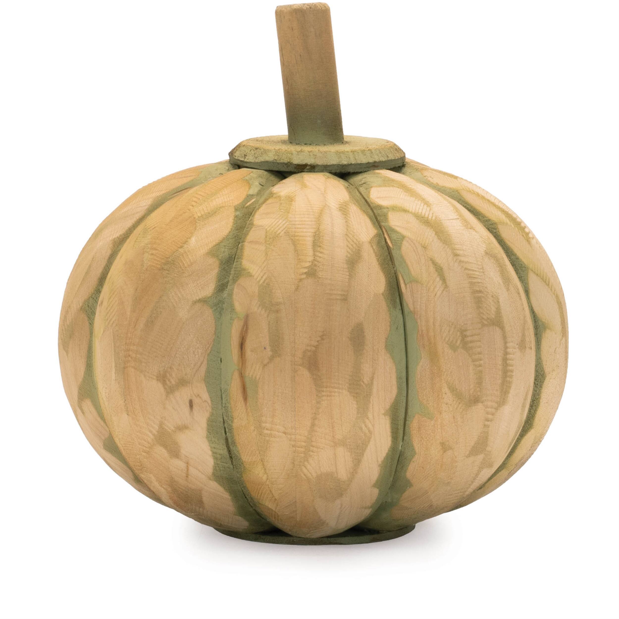 Front. BreeBe - Carved Fir Wood Pumpkin Decor (Set of 2) - Beige, Green.