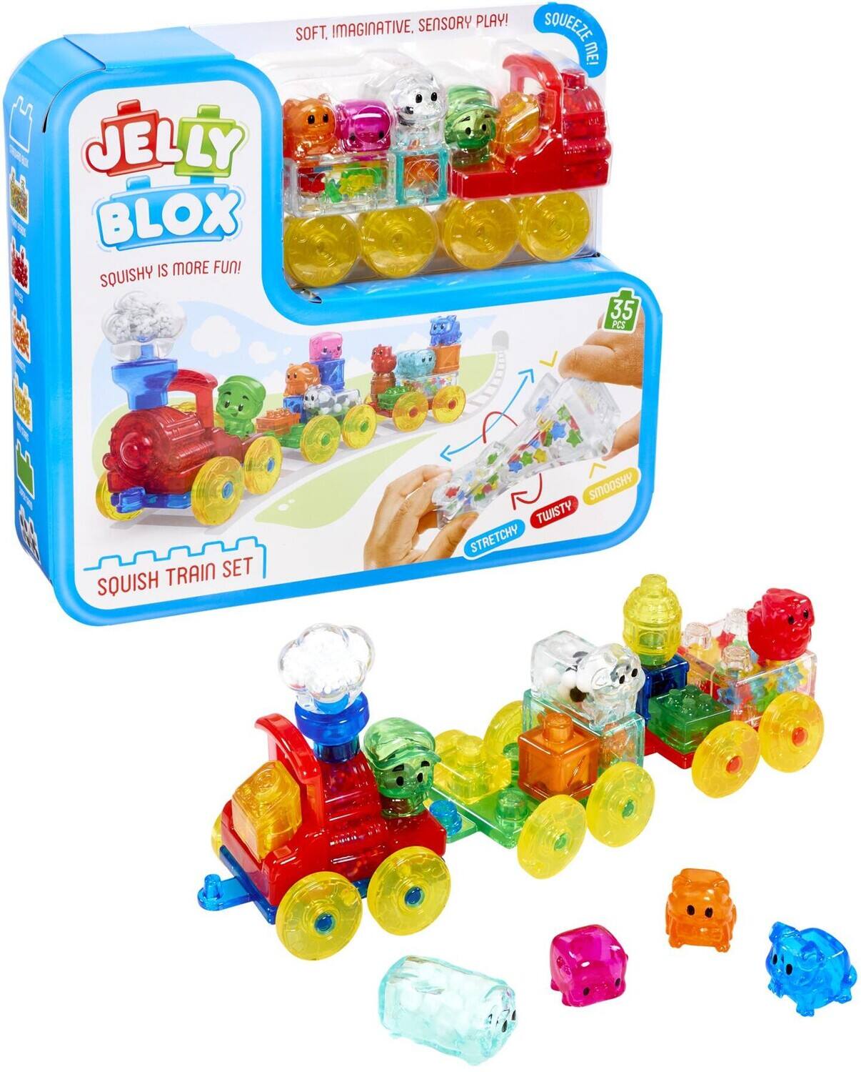 SENSORY PLAY! SOFT, IMAGINATIVE, 22 JELLY BLOX IS MORE FUN! SQUISHY SQUEEZE ME! 35 PCS TRAIN SET SQUISHY SMOOSHY TWISTY STRETCHY