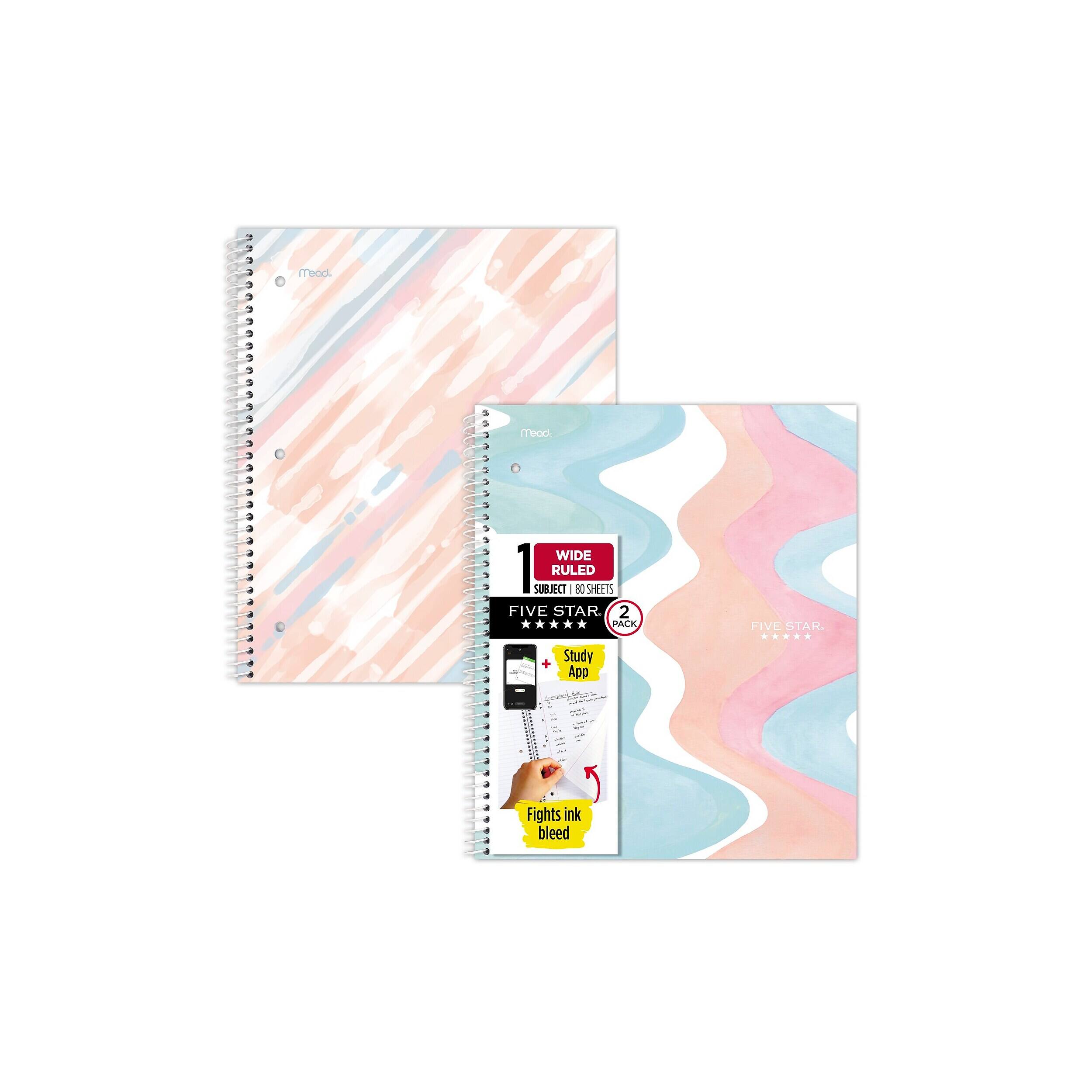 Mead  
Meod  
WIDE RULED SUBJECT I 80 SHEETS FIVE STAR 2 PACK  
FIVE STAR.  
+ Study App  
Fights ink bleed