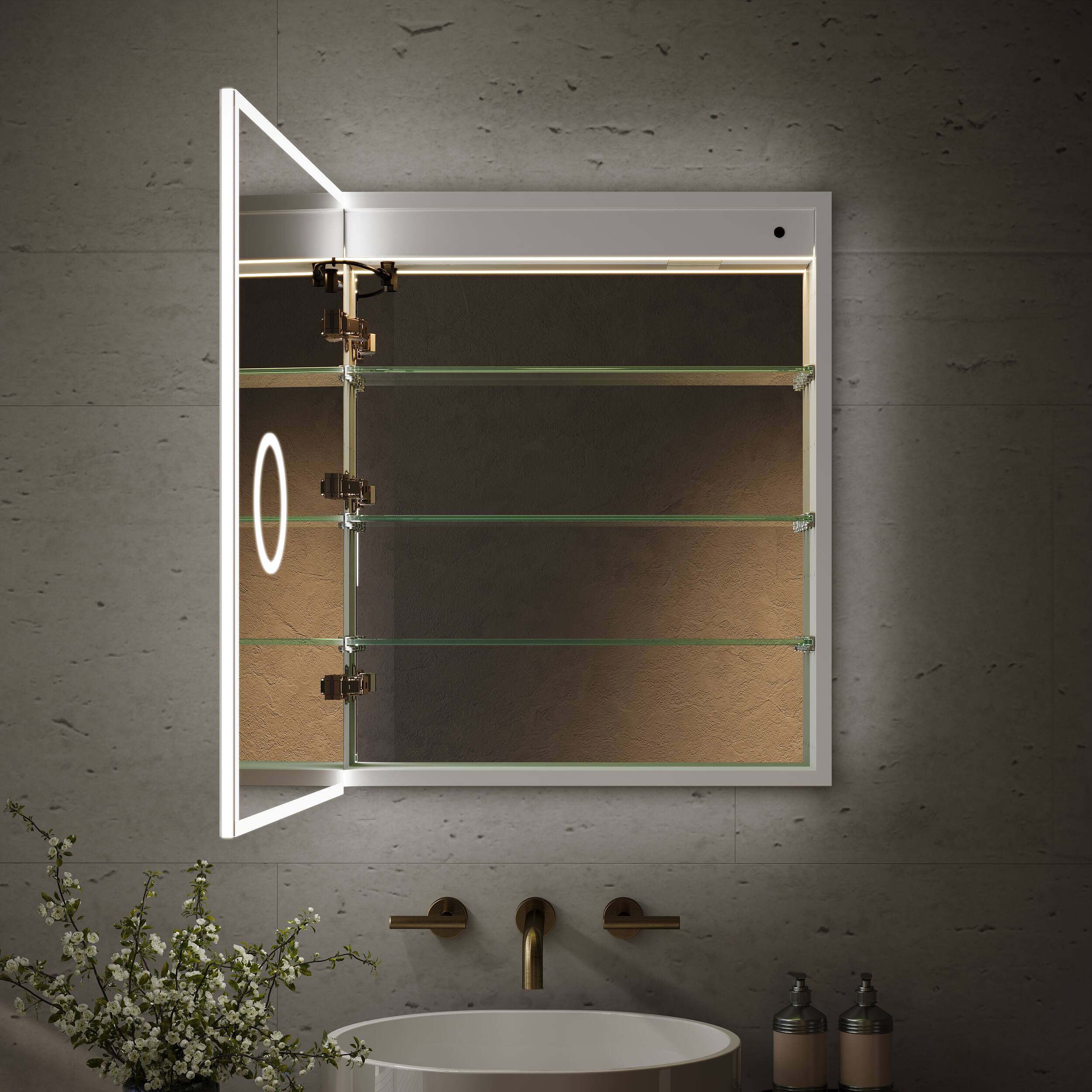 Back. WELLFOR - 24 in. W x 30 in. H Rectangular Recessed/Surface Mount LED Medicine Cabinet with Mirror, 3x Magnifier, Type C, 3-Touch - Silver.