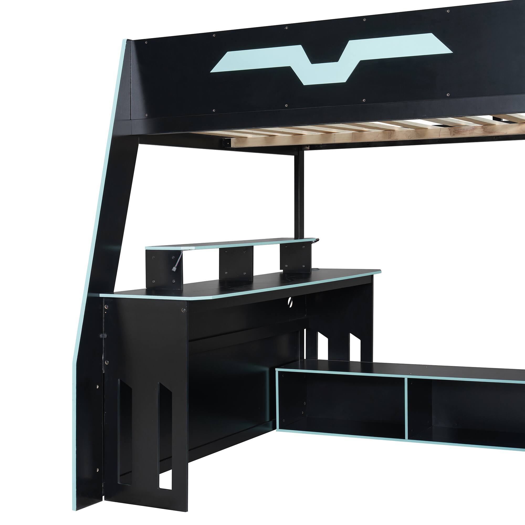 Alt View 5. Anysun - Full Size Wood Loft Bed with Desk, Multi-storage Shelves and RGB Light, Table with adjustable placement - Blue.