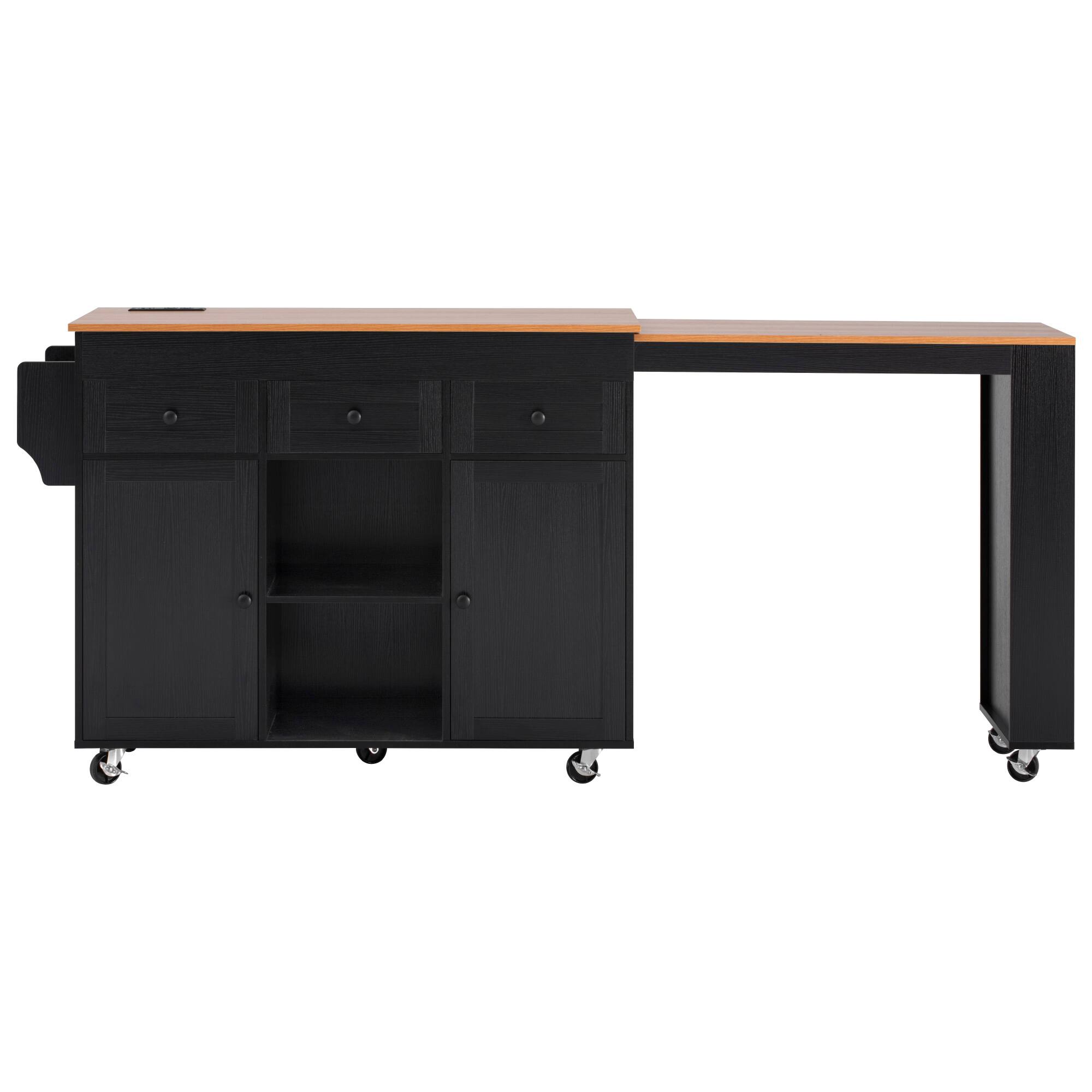 Alt View 1. Forest'nSky - 85.5 inch Kitchen Island with Extendable Dining Table and Power Outlet with 3 Drawers, 2 Doors & Side Shelves, Black - Black.