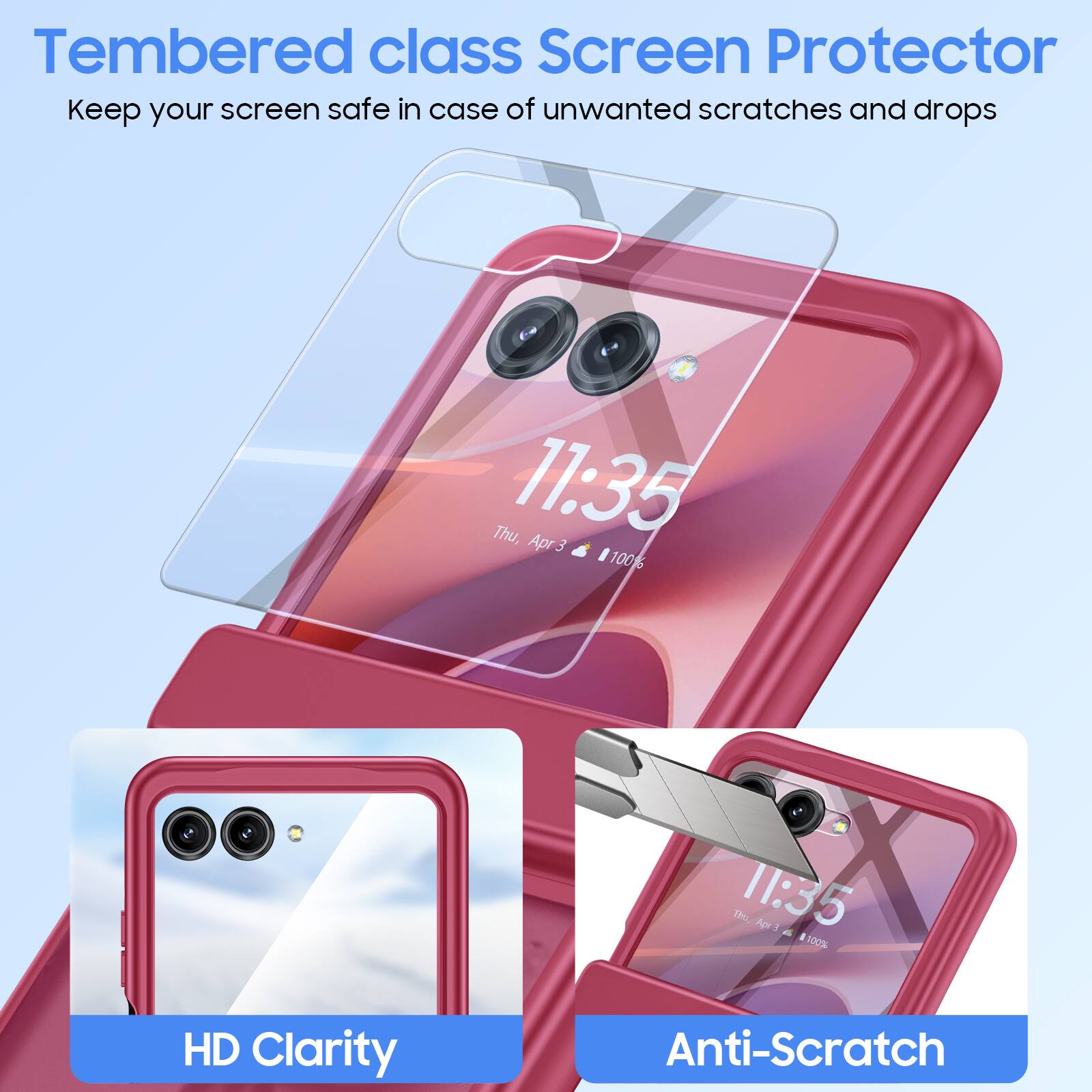 Tempered class Screen Protector  
Keep your screen safe in case of unwanted scratches and drops  

Thu, 11:35  
Apr 3  
100%  

HD Clarity  
Anti-Scratch