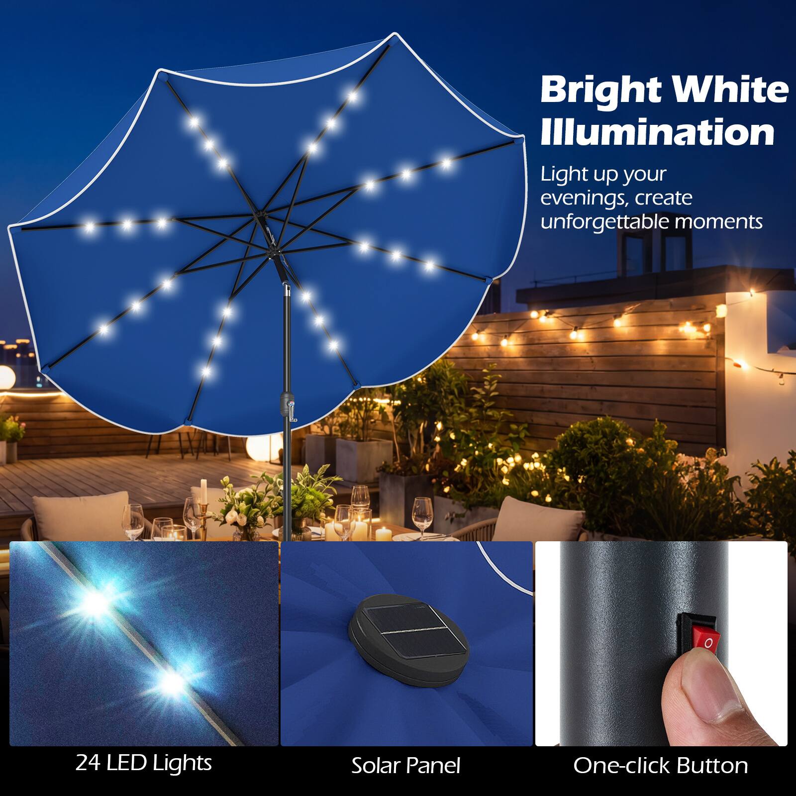Bright White Illumination  
Light up your evenings, create unforgettable moments  

24 LED Lights  
Solar Panel  
One-click Button